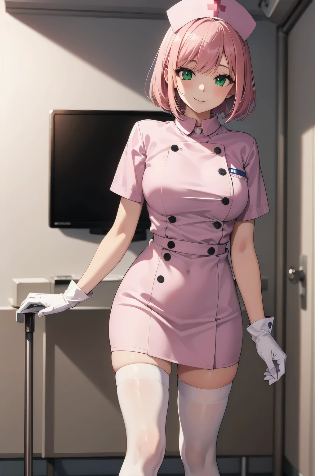 1 girl, alone, nurse, nurse cap, white clothes, ((white legwear, zettai ryouiki)), white gloves, pink hair, green eyes, droopy eyes, smile, Are standing, ((hospital room)), sharp outline, short sleeve, highest quality, masterpiece