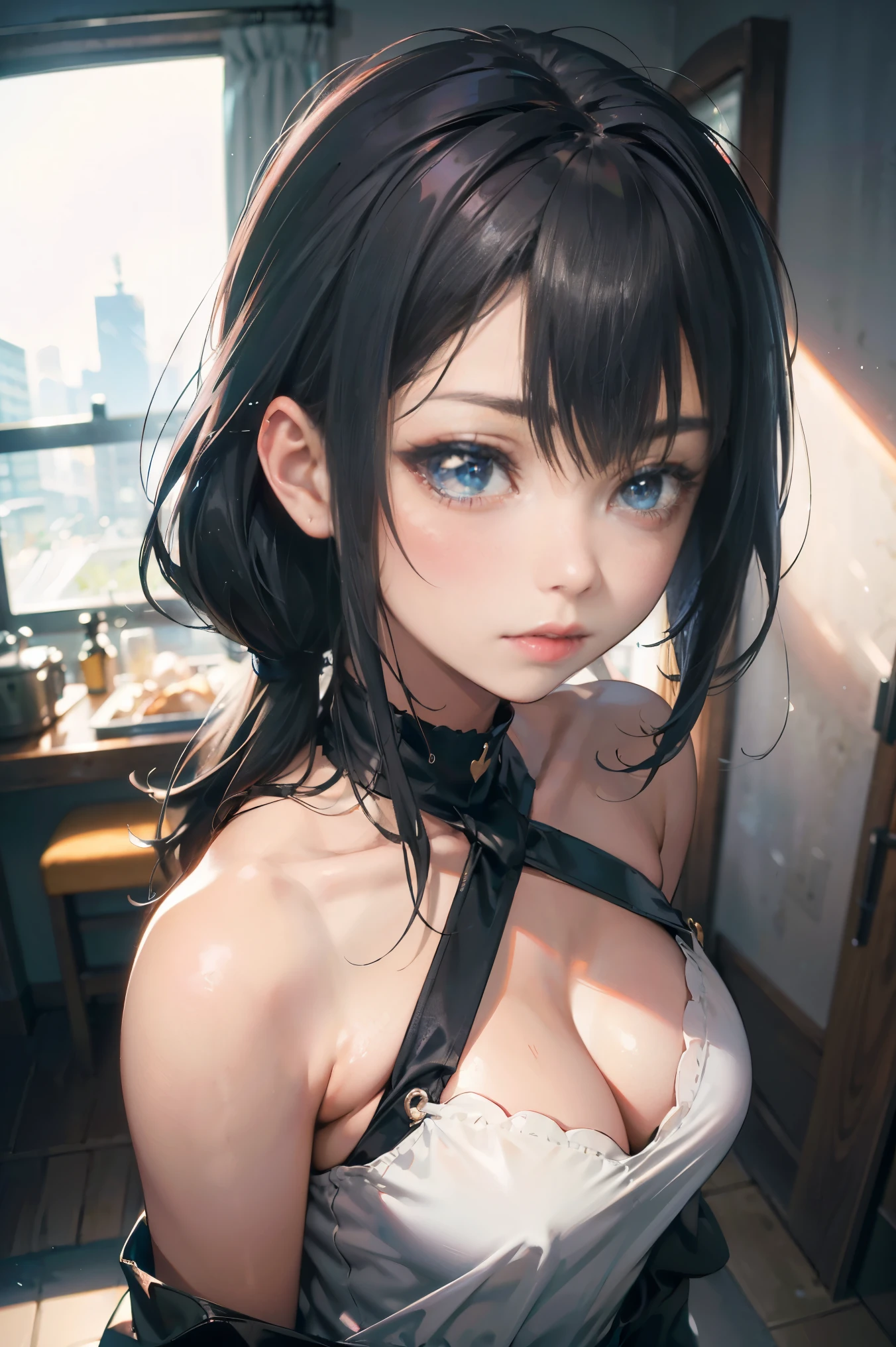 a 20 yo woman、Black blue Hair、poneyTail、(hi-top fade:1.3)、dark themed、Muted Tones、Subdued Color、highly contrast、(natural skin textures、Hyper-Realism、Soft light、sharp),tmasterpiece, Best quality at best, beautidful eyes,(bunnygirl),White pink black style, (Black pupils:1.5),Deep eyes,Detailed eyes, Detailed face, scenecy, Detailed CG, ultra - detailed, Best shadow, depth of fields, Beautiful illustration, illustratio, Tremendously beautiful, perfect detail, 1girll, solo,camisole,cleavage,(The shoulder straps slip off:1.5), black andwhite, with short black hair,Off-the-shoulder attire,Insufficient tailoring, Hair is more than one eye, dynamicposes, Bright colors, fish eye, dent in the skin, poggers, Fly from above
