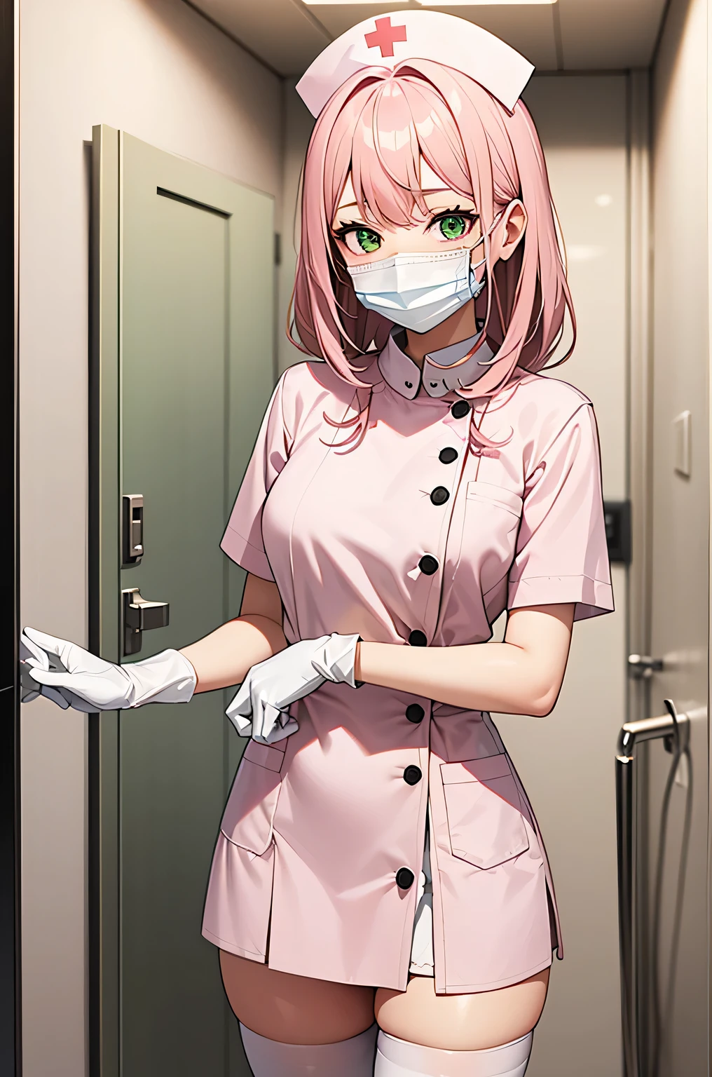 1 girl, alone, nurse, nurse cap, white clothes, ((white legwear, zettai ryouiki)), white gloves, pink hair, green eyes, droopy eyes, ((white surgical mask, covered nose)), Are standing, ((hospital room)), sharp outline, short sleeve, highest quality, masterpiece