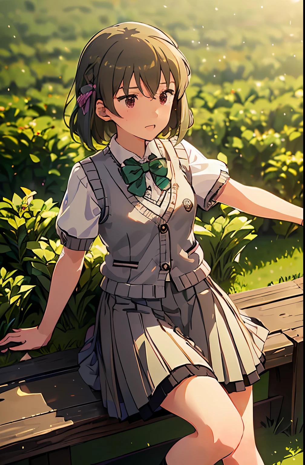 subaru nagayoshi (million live), 1 girl, Solo, Cute Girl, Best Quality, Ultra-detailed, 8K, High resolution, Detailed face, (((school uniform, knitted vest, bowtie, short sleeves, gray pleated skirt, black socks, brown footwear, loafers))), in the school ground, summer,