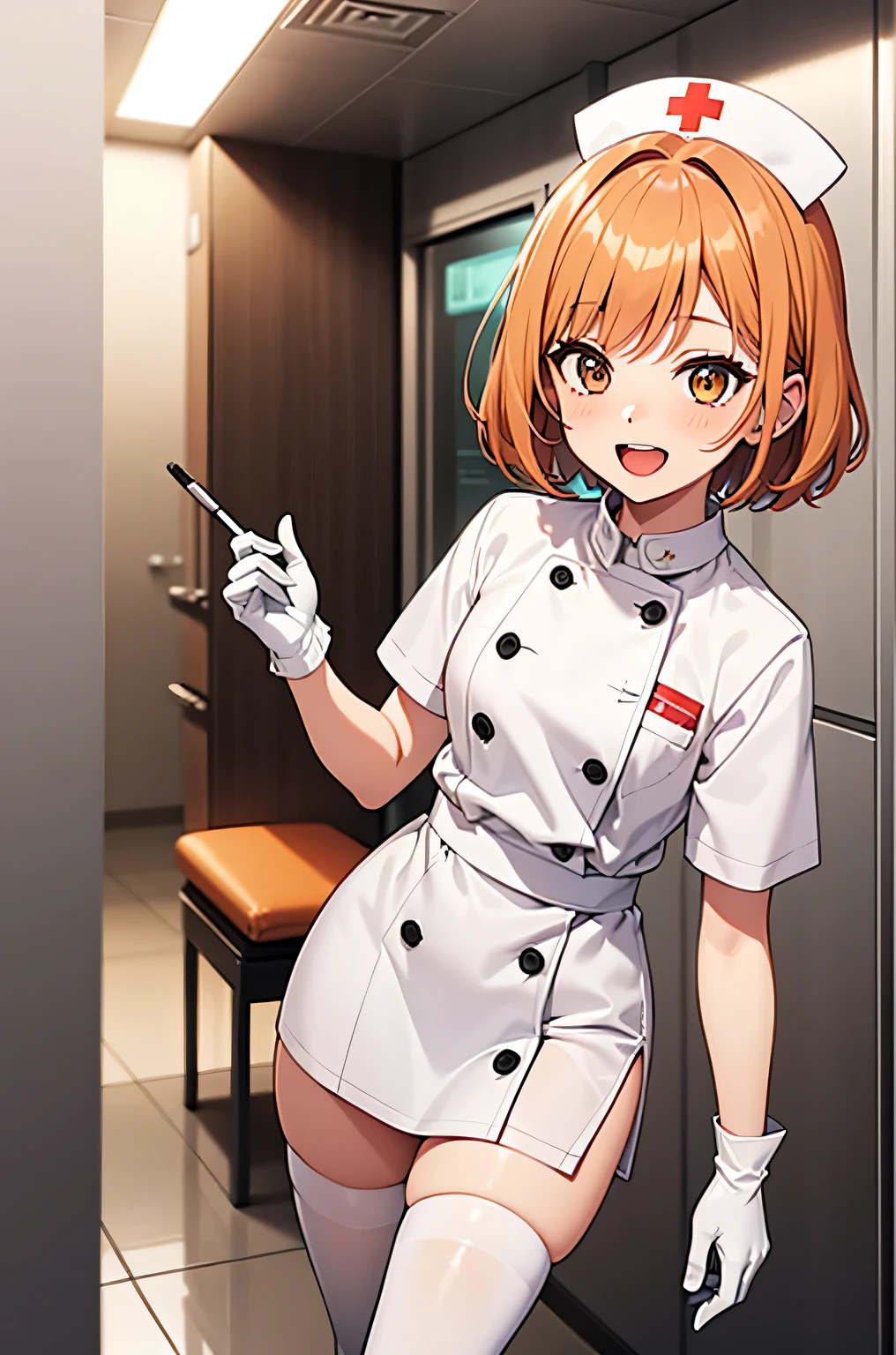 1 boy, alone, male focus, nurse, nurse cap, white clothes, ((white legwear, zettai ryouiki)), white gloves, short hair, orange hair, smile, open your mouth, Are standing, ((hospital room)), sharp outline, short sleeve, Shota, ************, highest quality, masterpiece