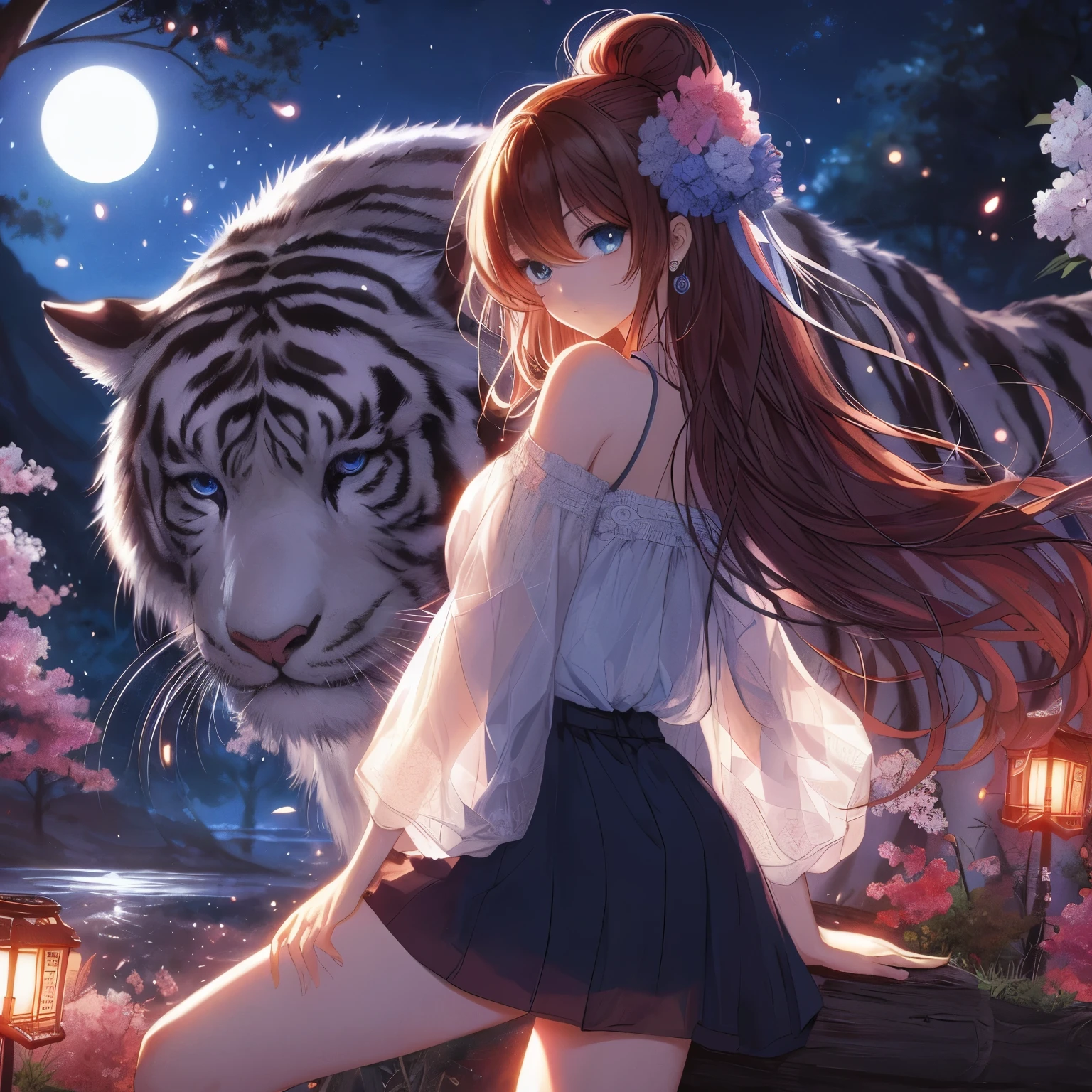 anime girl,long hair,White tiger in the background, anime style 4 k, beautiful anime style, anime style. 8k, Beautiful anime, night nucleus, Beautiful anime catgirl, Beautiful anime art style, Beautiful anime artwork, digital animation art, anime art wallpaper 4k, Anime Art Wallpaper 4k, 4k anime wallpaper, anime wallpaper 4k