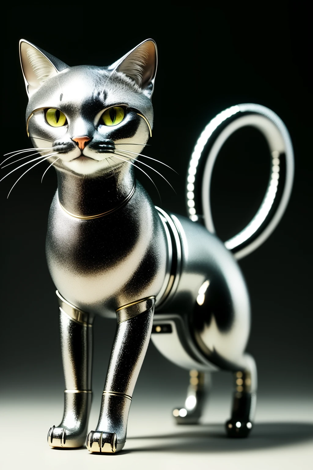 A metallic gato with intricate details andwire-like tail, displaying a playful and curious expression, cyborg: 1.1, HDR, cinematic shot, vignette, centered.

OR

A gato made of gleaming metal, exhibiting a charming and mischievous grin, cyborg: 1.1, (tail: 1.3), intricate details, HDR, cinematic shot, slightly off-center.