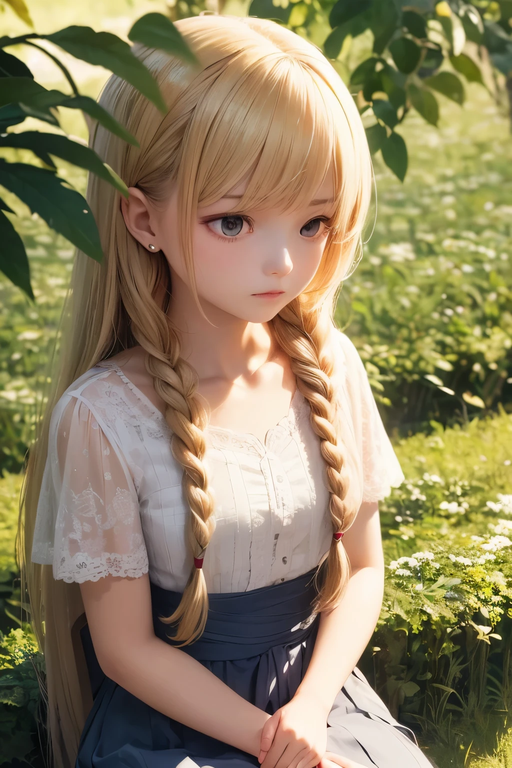 A girl, with fair skin and long, golden hair cascading down her back, sits serenely under the shade of an ancient tree. The sunlight filters through the leaves, casting dappled patterns on her white blouse. With a thoughtful expression on her calm, mature face, she looks up, lost in deep contemplation. Her side-braids, held in place by subtle, intricately-woven flower accents, frame her lovely, delicate features. The scene is rendered in exquisite detail, with every hair strand and facial feature delicately captured in 8k resolution, making it a true masterpiece of anime-inspired art.