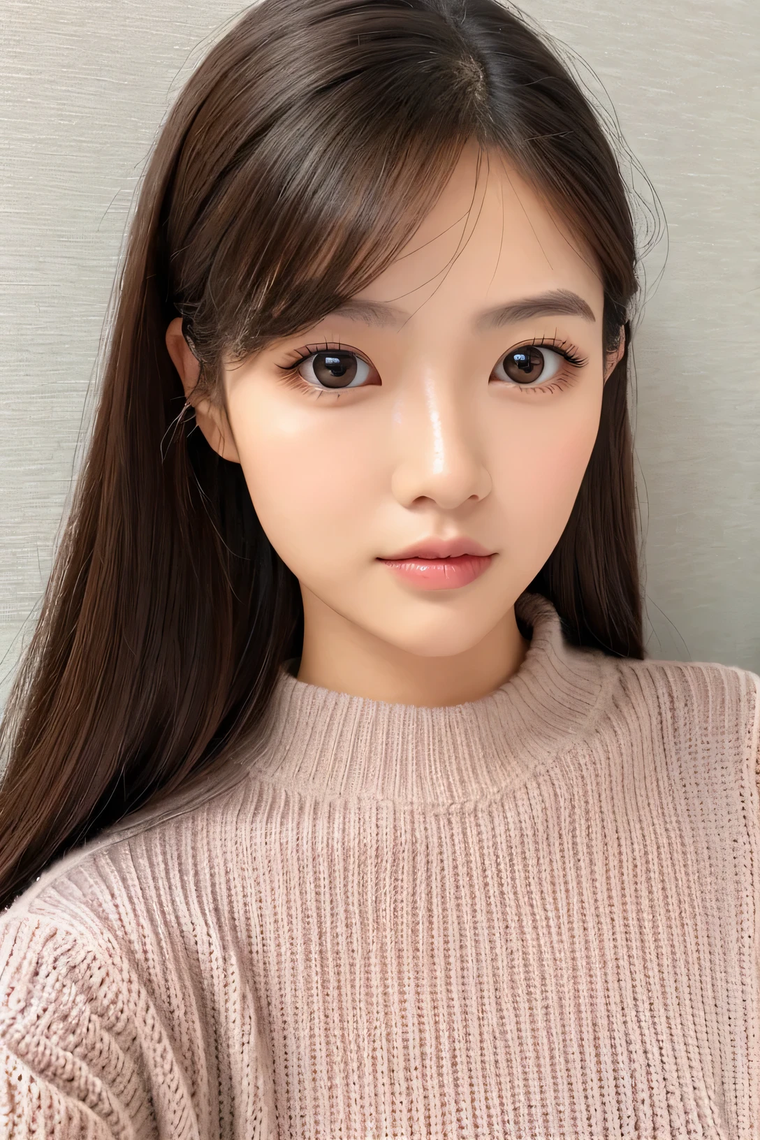 woman、super detailed face、double eyelid, medium hair、No bangs、clear eyes、knit sweater、Glossy skin, small head、whole body
