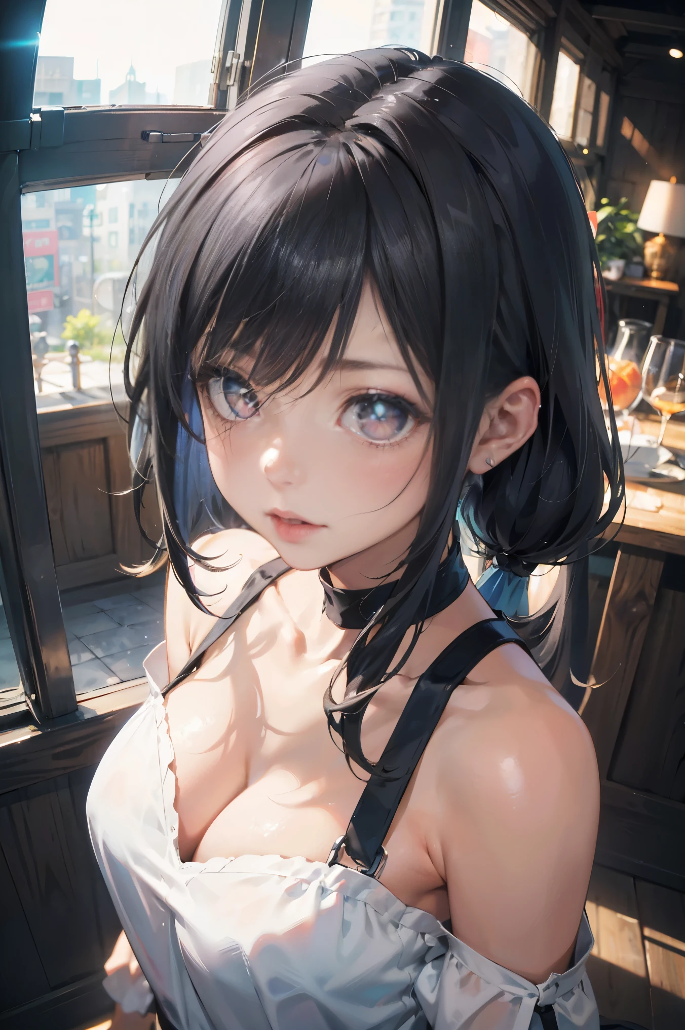 a 20 yo woman、Black blue Hair、poneyTail、(hi-top fade:1.3)、dark themed、Muted Tones、Subdued Color、highly contrast、(natural skin textures、Hyper-Realism、Soft light、sharp)，tmasterpiece， Best quality at best， beautidful eyes，（bunnygirl），White pink black style， （Black pupils：1.5），Deep eyes，Detailed eyes， Detailed face， scenecy， Detailed CG， ultra - detailed， Best shadow， depth of fields， Beautiful illustration， illustratio， Tremendously beautiful， perfect  detail， 1girll， solo，camisole，cleavage，（The shoulder straps slip off：1.5）， black andwhite， with short black hair，Off-the-shoulder attire，Insufficient tailoring， Hair is more than one eye， dynamicposes， Bright colors， fish eye， dent in the skin， poggers， Fly from above