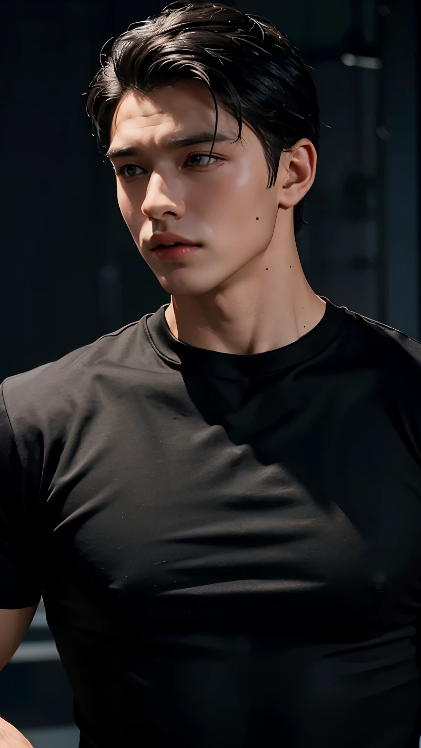 Young Bruce Wayne man black hair, big muscular body, black t-shirt, in a dark night background half body closeup short