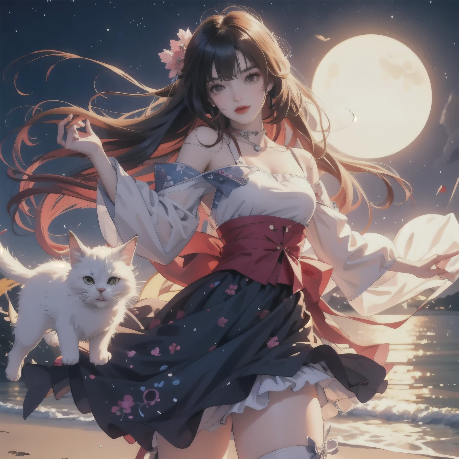 Anime girl with cat on the beach at night, anime style 4 k, anime art wallpaper 8k, anime style. 8k, anime wallpaper 4k, anime wallpaper 4k, 4k anime wallpaper, Anime Art Wallpaper 4k, anime art wallpaper 4k, Beautiful anime Catwoman, 非常Beautiful anime Catwoman孩, night nucleus, 4k comic wallpaper