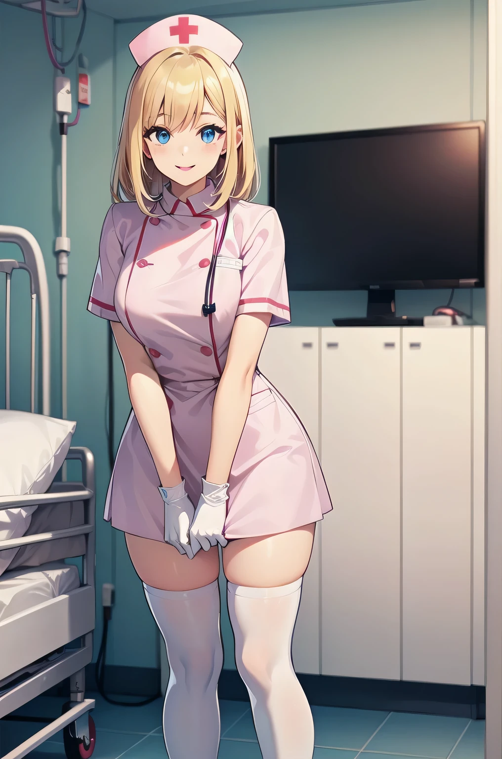 1 female, alone, nurse, nurse cap, white clothes, ((white legwear, zettai ryouiki)), white gloves, blonde hair, blue eyes, pink lips, smile, Are standing, ((hospital room)), sharp outline, short sleeve, mature woman, 35 years old, highest quality, masterpiece