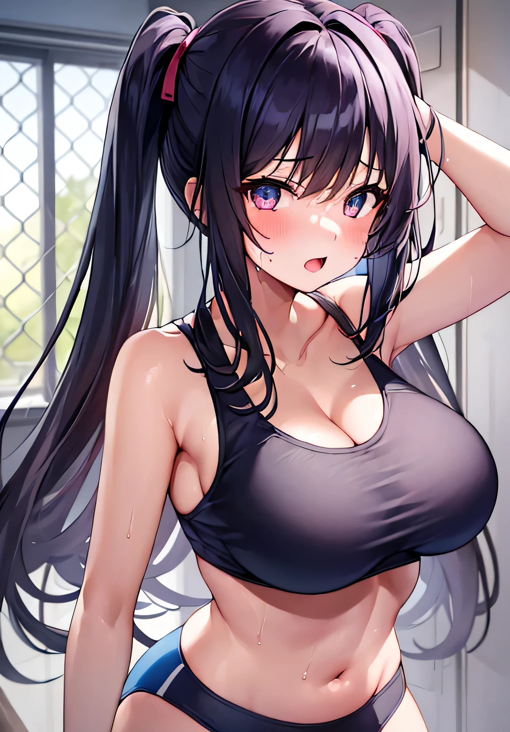 masterpiece、best image quality、ultra high resolution、age girl with big breasts、twin tail hairstyle、black hair、sweating、red face、shyly、mock、Open your mouth just a little、Teengirl's white sports bra showing cleavage、teenage blue sports briefs、Sweaty and shapely crotch、Sweaty and shapely lower body、inside the changing room