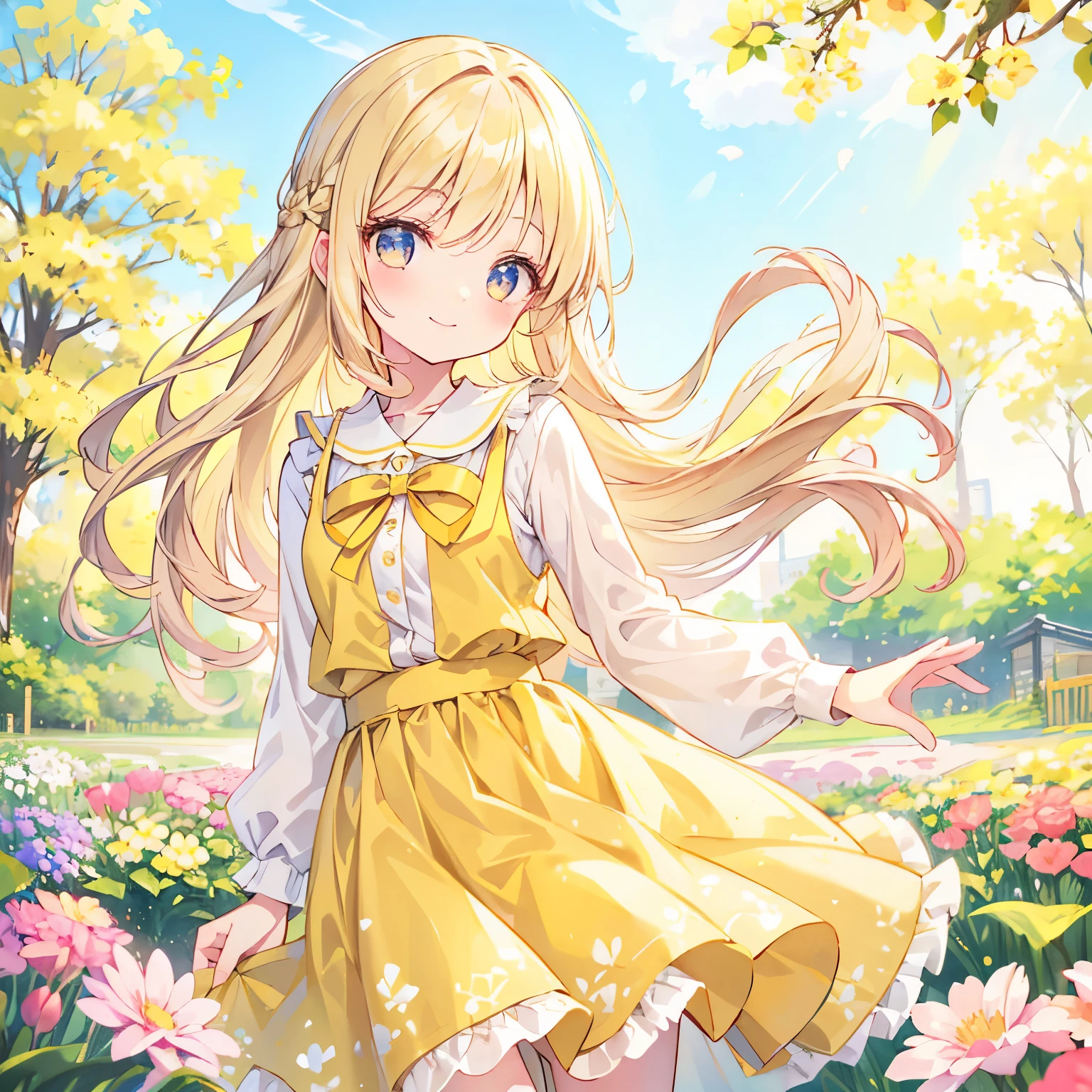 Smiling girl wearing a pale yellow skirt、Beige hair swaying in the wind、soft fabric、pastel colour、cute girl、warm spring sunshine、Spring flower garden、