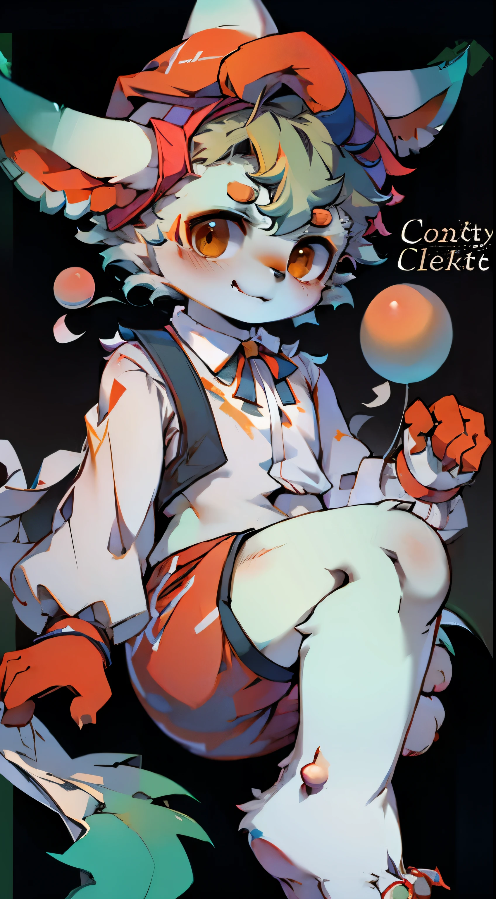 clown男孩, green hair, red and green eyes, Red and green round shoulder and round leg suit, Red and green clothes, 红绿色clown的帽子,circus红幕背景, 可爱核心 clown核心, y 2 k 可爱核心 clown核心, clown themed, animated characters, clown男孩, clown, medieval clown, highly rendered!!, detailed, (best quality), (intricate details), cute style, , clown style, rich and colorful, ((green hair)), best quality, ((Long sleeve shirt and shorts)), ((Red and white clothes)), ((clown style clothes)), ((high socks)), ((round eyes)), ((has clown makeup)), pretty face, happy, cute face, Wu live, perfect face, simple background portrait, Shota,(black eyes,hairy all over,cat nose:1.2),The eyes are bright,panoramic,Character focus。detailed background,(clown custume,bloomer:1.2),lover, lover clown boy,clown,circus,perform acrobatics,Lively,charming,masterpiece, high quality, abstract research,number\(artwork\), Yes, (Hana Charcoal,fluffy fur,Character focus:1.1), short hair,portrait , eyes are very bright, panoramic, Character focus.(detailed background:0.7), lyre,Colorful balloons