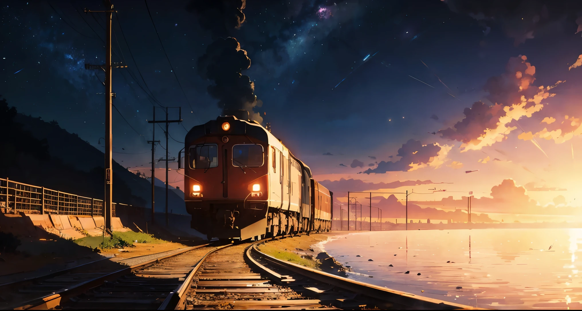 masterpiece, highly detailed, concept art, centered, medium shot, a train that is sitting on a train track, by Makoto Shinkai, deviantart, space art, header text”, kaleidoscopic colors
, anime like, dream like, (epic composition, epic proportion), HD