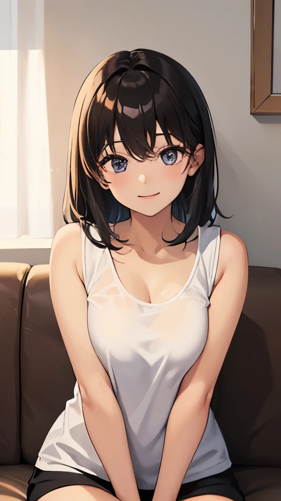 tan skin17歳、high school girl、hair is black、shortcut、full of energy、tanned skin、room at home、chest is big、sitting、smile、