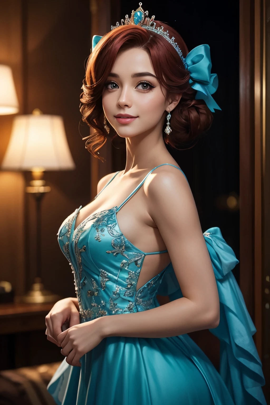 Princesa Belle , estilo Disney, red hair tied into a bun adorned with a small bow, e tiara brilhante, usando um vestido de seda amarelo, segurando flores, corpo todo, olha para cima, posicionado perfeitamente centralizado contra um fundo azul claro sem adornos, sorriso de olhos abertos, Cinematic lighting, arte digital, Muito limpo