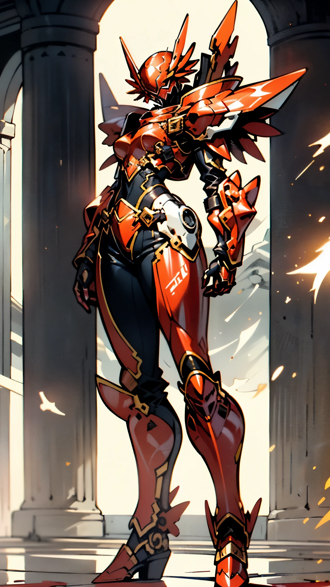 A woman adorned in fantasy-style full-body armor, a crown-concept fully enclosed helmet that unveils only her eyes, a composite layered chest plate, fully encompassing shoulder and hand guards, a lightweight waist armor, form-fitting shin guards, the overall design is heavy-duty yet flexible, ((the armor gleams with a golden glow, complemented by red and blue accents)), exhibiting a noble aura, she floats above a fantasy-surreal high-tech city, this character embodies a finely crafted fantasy-surreal style armored hero in anime style, exquisite and mature manga art style, (Queen bee mixed with Spider concept Armor, plasma, blood), ((Element, energy, elegant, goddess, femminine:1.5)), metallic, high definition, best quality, highres, ultra-detailed, ultra-fine painting, extremely delicate, professional, anatomically correct, symmetrical face, extremely detailed eyes and face, high quality eyes, creativity, RAW photo, UHD, 32k, Natural light, cinematic lighting, masterpiece-anatomy-perfect, masterpiece:1.5