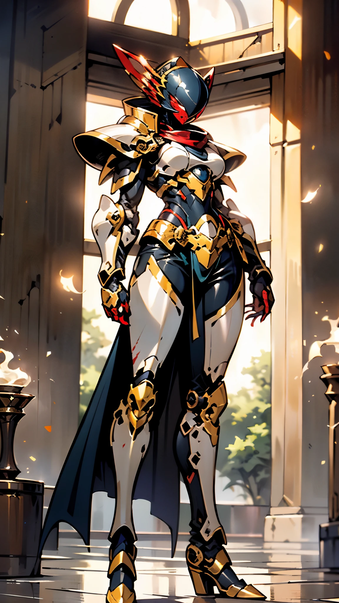 A woman adorned in fantasy-style full-body armor, a crown-concept fully enclosed helmet that unveils only her eyes, a composite layered chest plate, fully encompassing shoulder and hand guards, a lightweight waist armor, form-fitting shin guards, the overall design is heavy-duty yet flexible, ((the armor gleams with a golden glow, complemented by red and blue accents)), exhibiting a noble aura, she floats above a fantasy-surreal high-tech city, this character embodies a finely crafted fantasy-surreal style armored hero in anime style, exquisite and mature manga art style, (Queen bee mixed with Spider concept Armor, plasma, blood), ((Element, energy, elegant, goddess, femminine:1.5)), metallic, high definition, best quality, highres, ultra-detailed, ultra-fine painting, extremely delicate, professional, anatomically correct, symmetrical face, extremely detailed eyes and face, high quality eyes, creativity, RAW photo, UHD, 32k, Natural light, cinematic lighting, masterpiece-anatomy-perfect, masterpiece:1.5