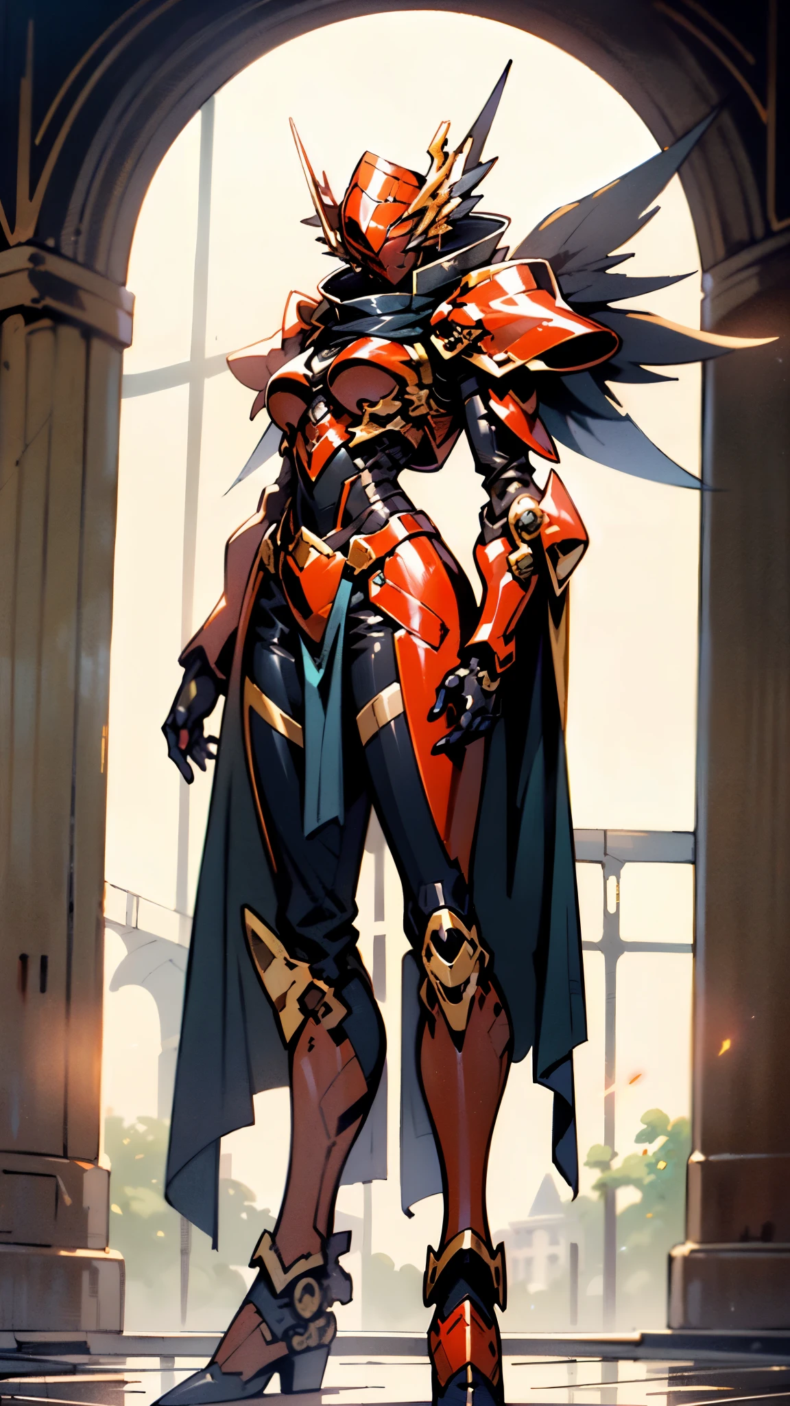 A woman adorned in fantasy-style full-body armor, a crown-concept fully enclosed helmet that unveils only her eyes, a composite layered chest plate, fully encompassing shoulder and hand guards, a lightweight waist armor, form-fitting shin guards, the overall design is heavy-duty yet flexible, ((the armor gleams with a golden glow, complemented by red and blue accents)), exhibiting a noble aura, she floats above a fantasy-surreal high-tech city, this character embodies a finely crafted fantasy-surreal style armored hero in anime style, exquisite and mature manga art style, (Queen bee mixed with Spider concept Armor, plasma, blood), ((Element, energy, elegant, goddess, femminine:1.5)), metallic, high definition, best quality, highres, ultra-detailed, ultra-fine painting, extremely delicate, professional, anatomically correct, symmetrical face, extremely detailed eyes and face, high quality eyes, creativity, RAW photo, UHD, 32k, Natural light, cinematic lighting, masterpiece-anatomy-perfect, masterpiece:1.5