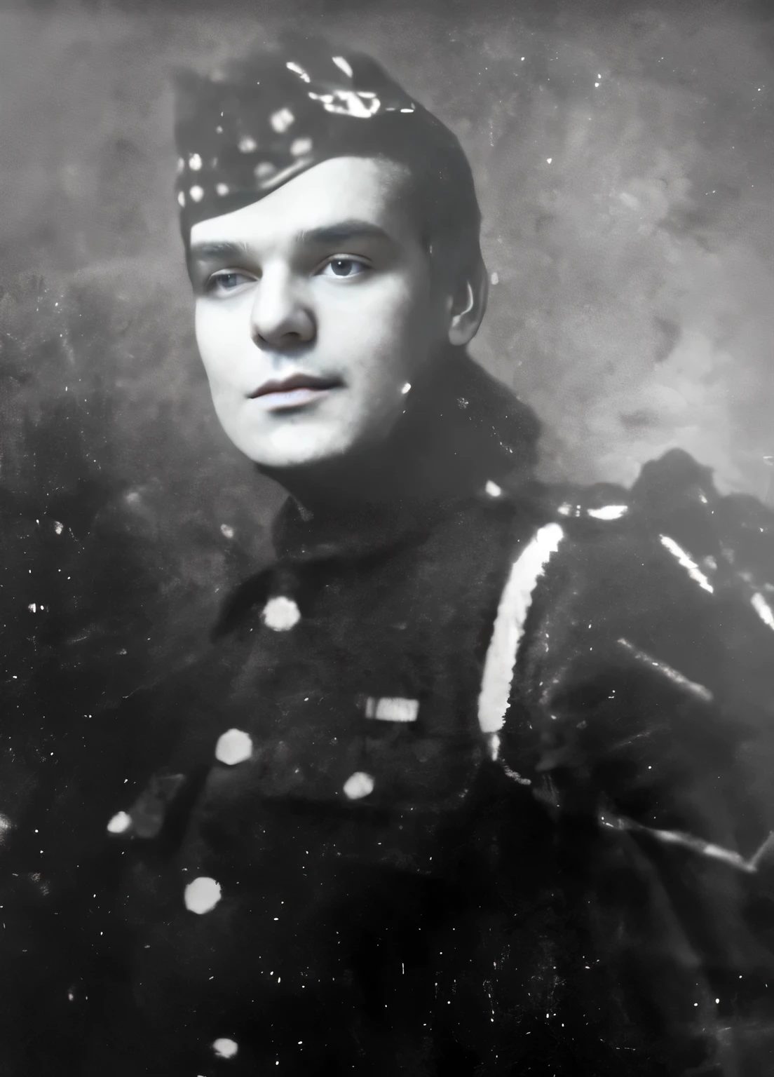 Black and white photograph of a man in military uniform.., en uniforme de soldado, taken with a ww 1 camera, retrato de un soldado, Teniente Elsie pocos, foto ww1, Location unknown, 1 8 0 0 s soldado, 25 years, foto de retrato de la segunda guerra mundial, Taken with a WW2 camera