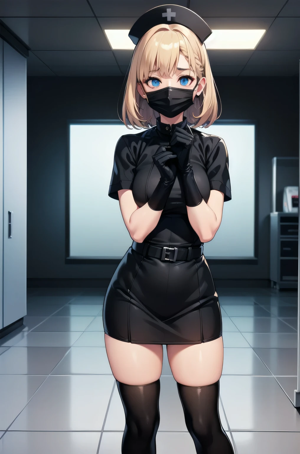 black nurse, 1 female, alone, black nurse cap, Blackware, ((black legwear, zettai ryouiki)), black elbow gloves, blonde hair, blue eyes, ((black surgical mask, covered nose)), Are standing, ((operating room)), sharp outline, short sleeve, mature woman, 35 years old, highest quality, masterpiece