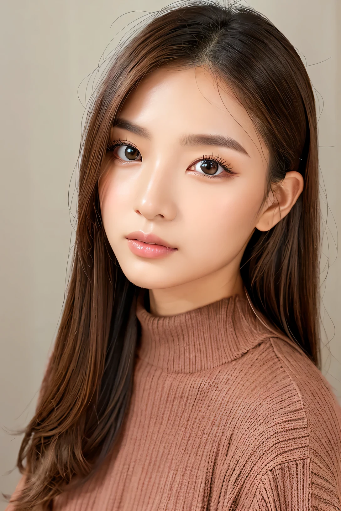 woman、super detailed face、double eyelid, medium hair、No bangs、clear eyes、knit sweater、Glossy skin, small head、whole body