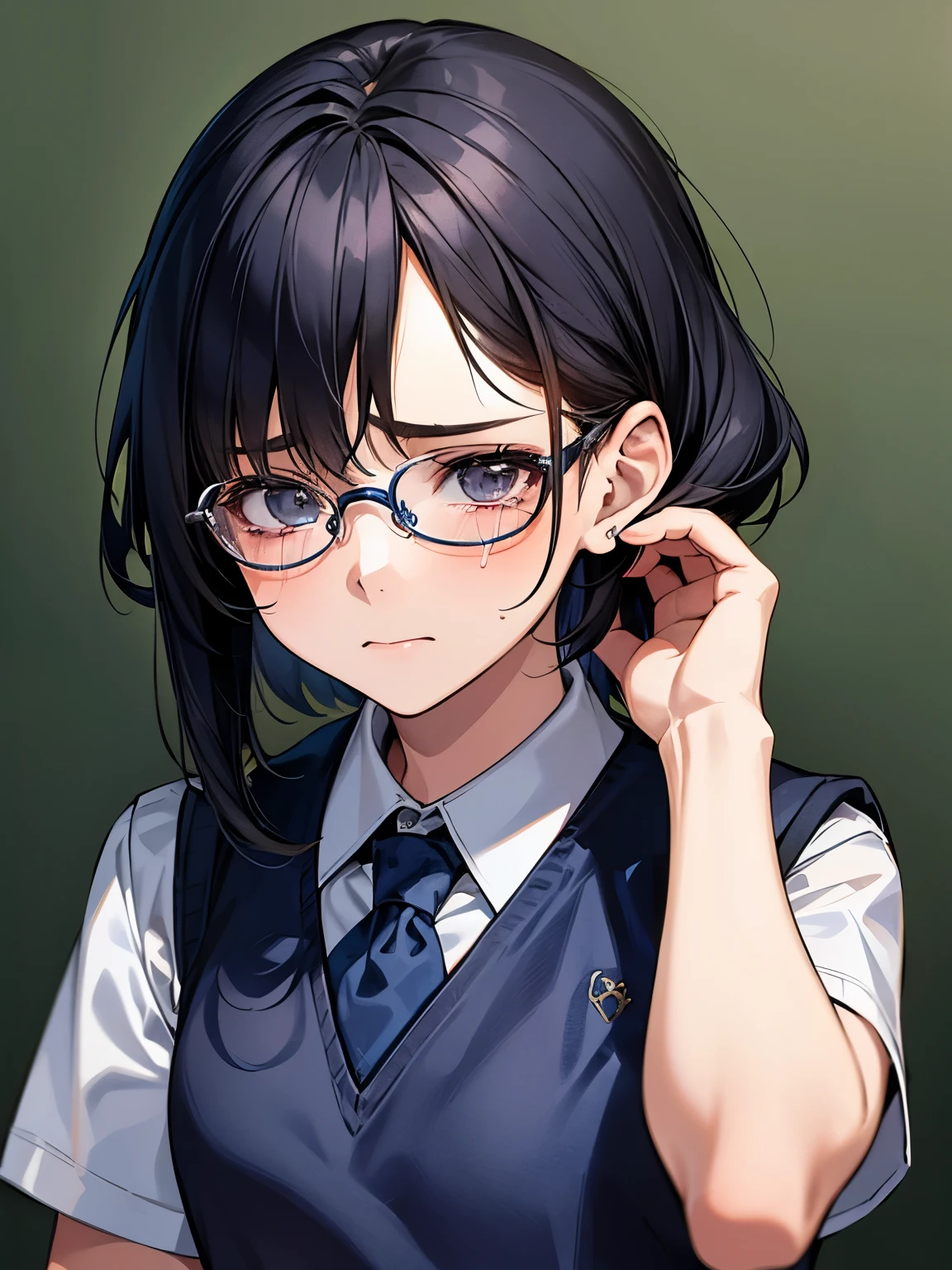 1 girl, Solo, 15 years old, Cute Girl, Best Quality, Ultra-detailed, 8K, High resolution, Detailed face, black hair, crying:1.5 (((school uniform, dark blue vest, short sleeves, wearing glasses))),