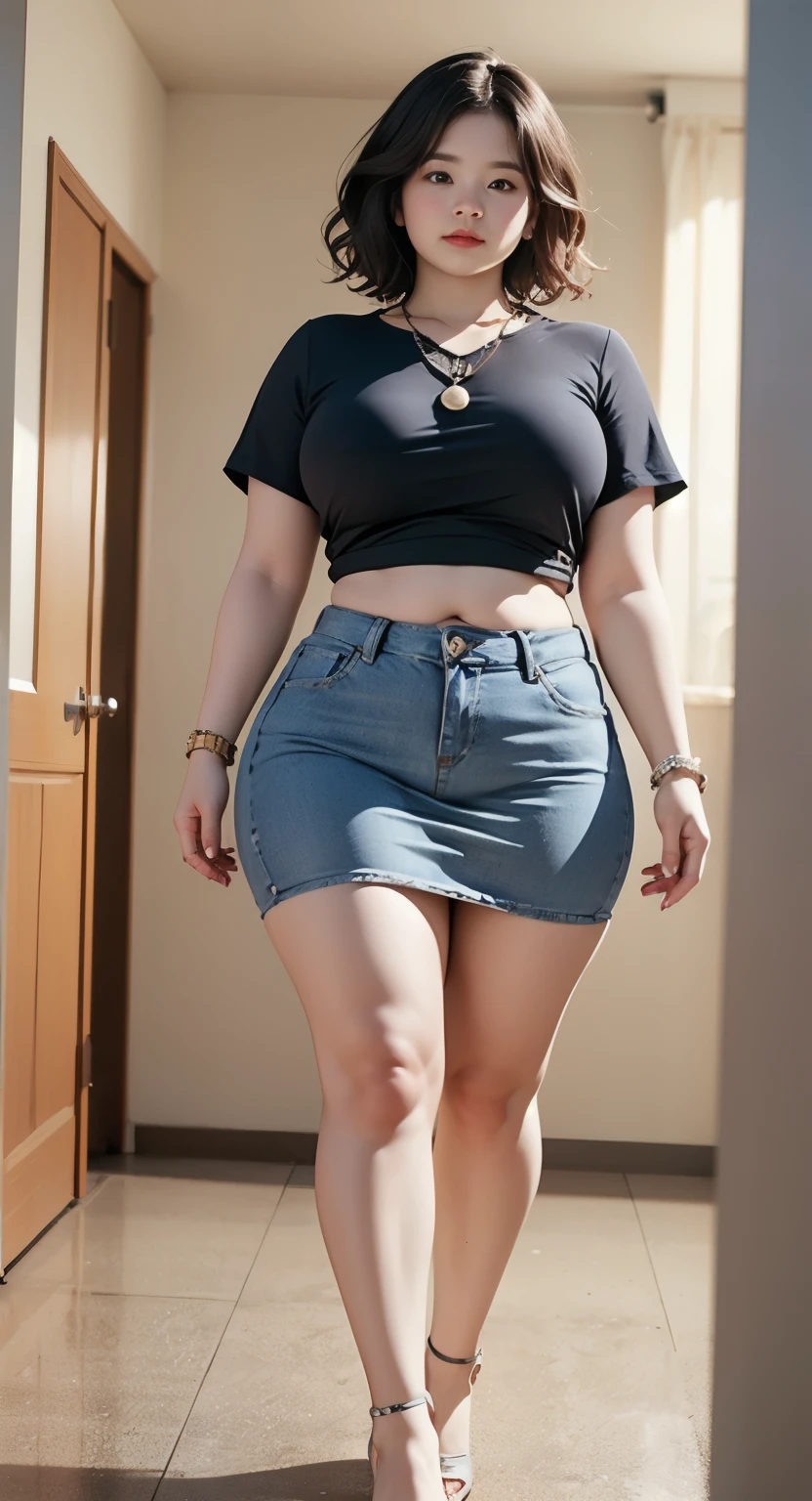((best quality)), ((masterpiece)), (detailed), perfect face, araffe woman in a dark-blue shirt and blue denim skirt walking down a dark room, thicc, she has a jiggly fat round belly, bbwchan, wearing tight simple clothes, skinny waist and thick hips, widest hips, her belly is fat and round, soft curvy shape, hyperrealistic full figure, wearing a cute top, wide hips, wearing 10 bracelet , wearing huge diamond necklace , watch, wavy short hair 