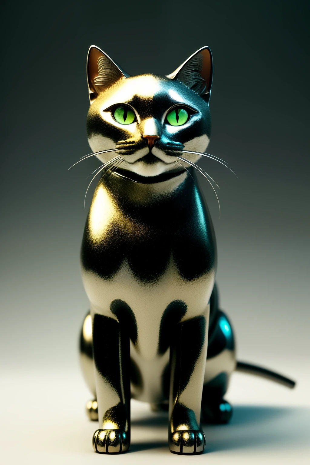 A metallic gato with intricate details andwire-like tail, displaying a playful and curious expression, cyborg: 1.1, HDR, cinematic shot, vignette, centered.
OR
A gato made of gleaming metal, exhibiting a charming and mischievous grin, cyborg: 1.1, (tail: 1.3), intricate details, HDR, cinematic shot, slightly off-center.