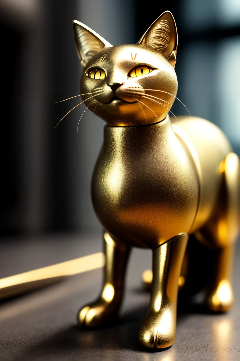 A metallic gato with intricate details andwire-like tail, displaying a playful and curious expression, cyborg: 1.1, HDR, cinematic shot, vignette, centered.
OR
A gato made of gleaming metal, exhibiting a charming and mischievous grin, cyborg: 1.1, (tail: 1.3), intricate details, HDR, cinematic shot, slightly off-center.