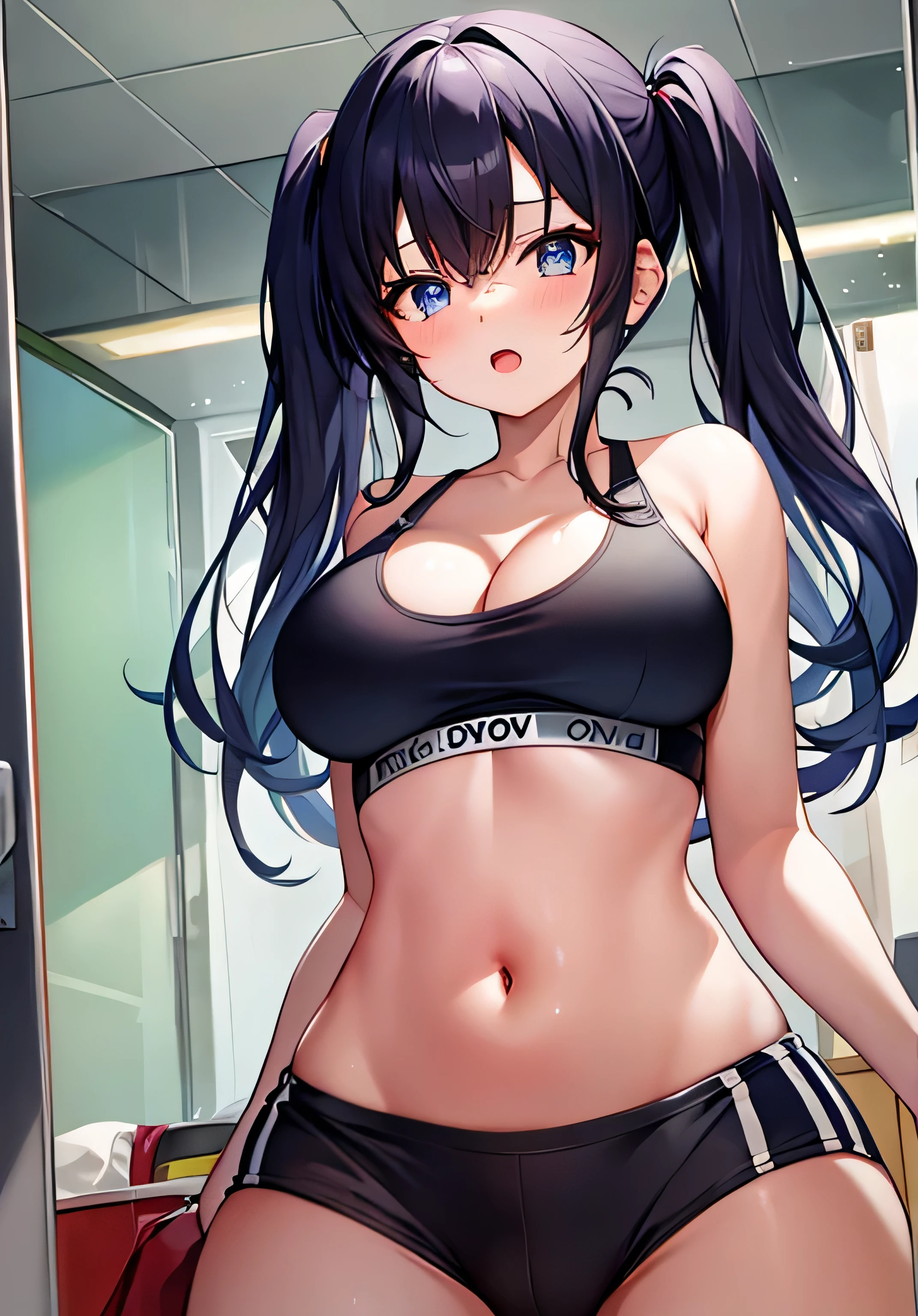 masterpiece、best image quality、ultra high resolution、teenage girl with big breasts、twin tail hairstyle、black hair、red face、shyly、mock、Open your mouth just a little、Teenage girl&#39;s white sports bra showing cleavage、teenage girl blue sports briefs、share、lower body、inside the changing room