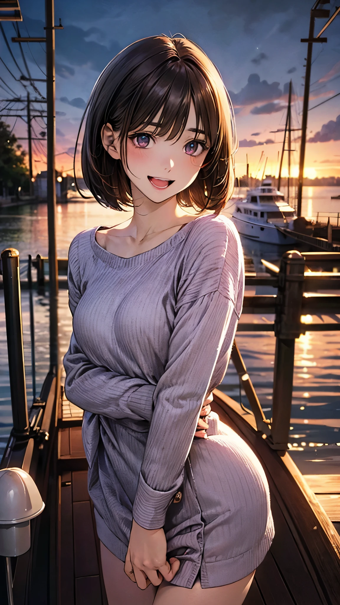 (masterpiece:1.2, top-quality), (realistic, photorealistic:1.4), beautiful illustration, (natural side lighting, movie lighting), nsfw,
looking at viewer, 1 girl, japanese, high school girl, perfect face, cute and symmetrical face, shiny skin,
(short hair:1.5, bob cut:1.6, brown hair), blunt bangs, hair between eyes, grey eyes, drooping eyes, slant eyes, long eye lasher, (),
beautiful hair, beautiful face, beautiful detailed eyes, beautiful clavicle, beautiful body, beautiful chest, beautiful thigh, beautiful legs, beautiful fingers,
((detailed cloth texture, purple brown shift dress, long sleeve boat neck shirt)), ,
(beautiful scenery), evening, (park), standing, (lovely smile, open mouth),