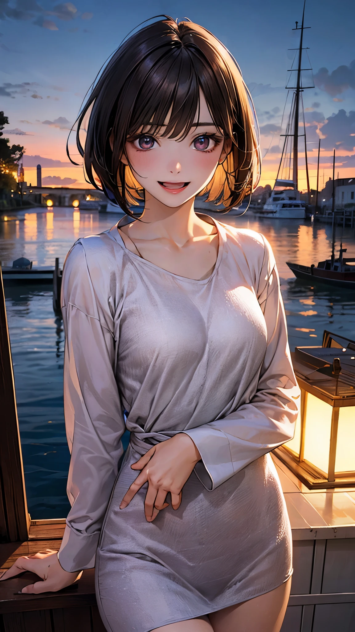 (masterpiece:1.2, top-quality), (realistic, photorealistic:1.4), beautiful illustration, (natural side lighting, movie lighting), nsfw,
looking at viewer, 1 girl, japanese, high school girl, perfect face, cute and symmetrical face, shiny skin,
(short hair:1.5, bob cut:1.6, brown hair), blunt bangs, hair between eyes, grey eyes, drooping eyes, slant eyes, long eye lasher, (),
beautiful hair, beautiful face, beautiful detailed eyes, beautiful clavicle, beautiful body, beautiful chest, beautiful thigh, beautiful legs, beautiful fingers,
((detailed cloth texture, purple brown shift dress, long sleeve boat neck shirt)), ,
(beautiful scenery), evening, (park), standing, (lovely smile, open mouth),