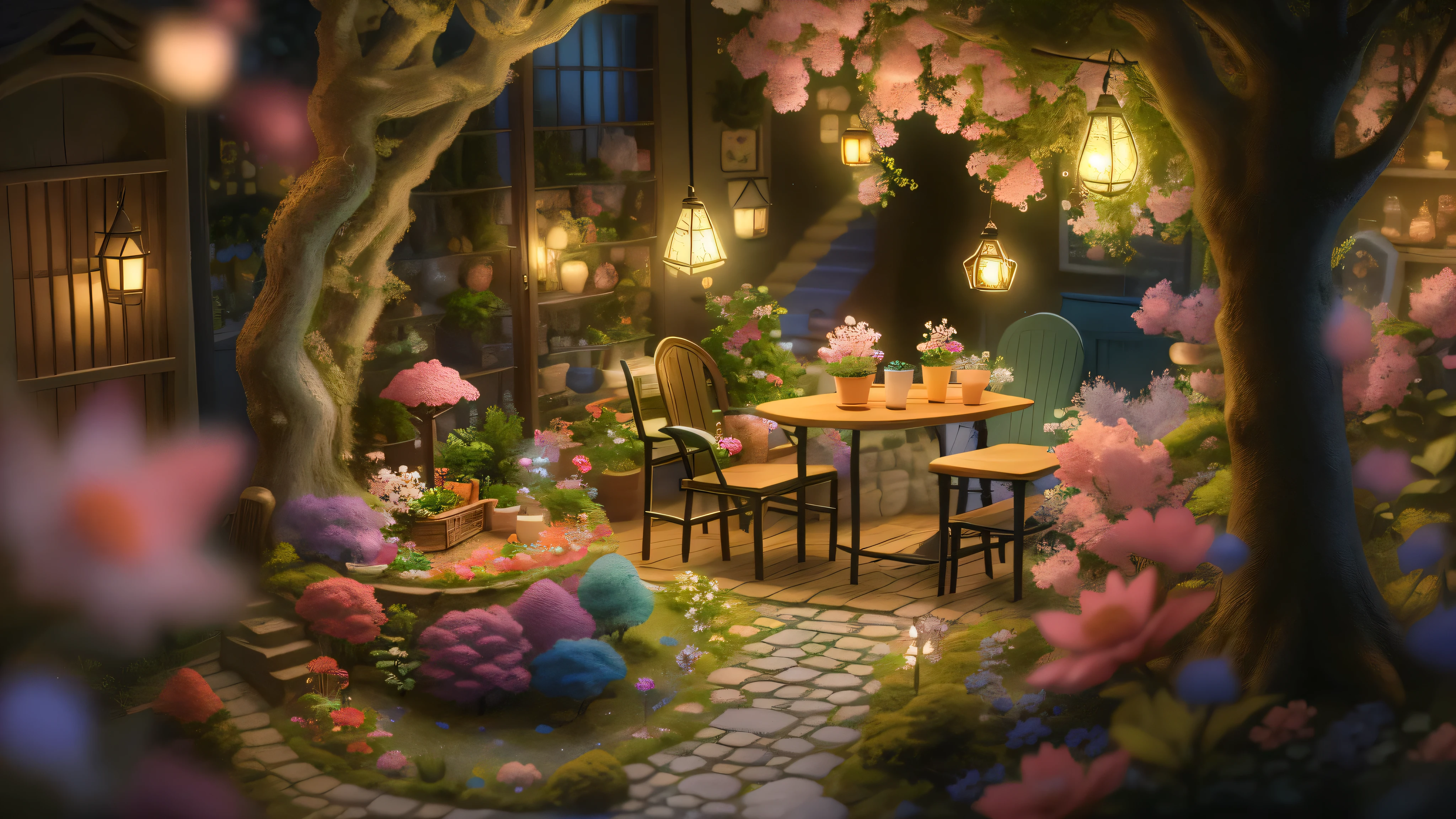 Magic garden miniature scene, Delicate flowers and branches illuminated by soft lighting,, Happy smiling miniature illuminated. 8K automatic realist、cozy cafe、many crystals、far and near method