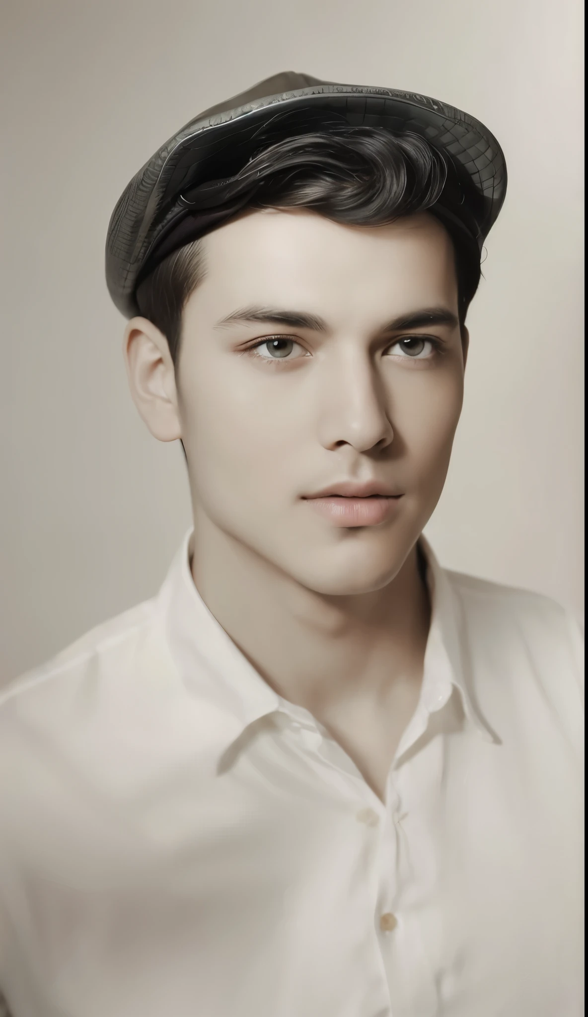 (a man wearing a flat cap hat and a white shirt),detailed eyes,detailed lips,realistic face,sharp focus,crisp details,highres,studio lighting,vivid colors,bokeh,portraits