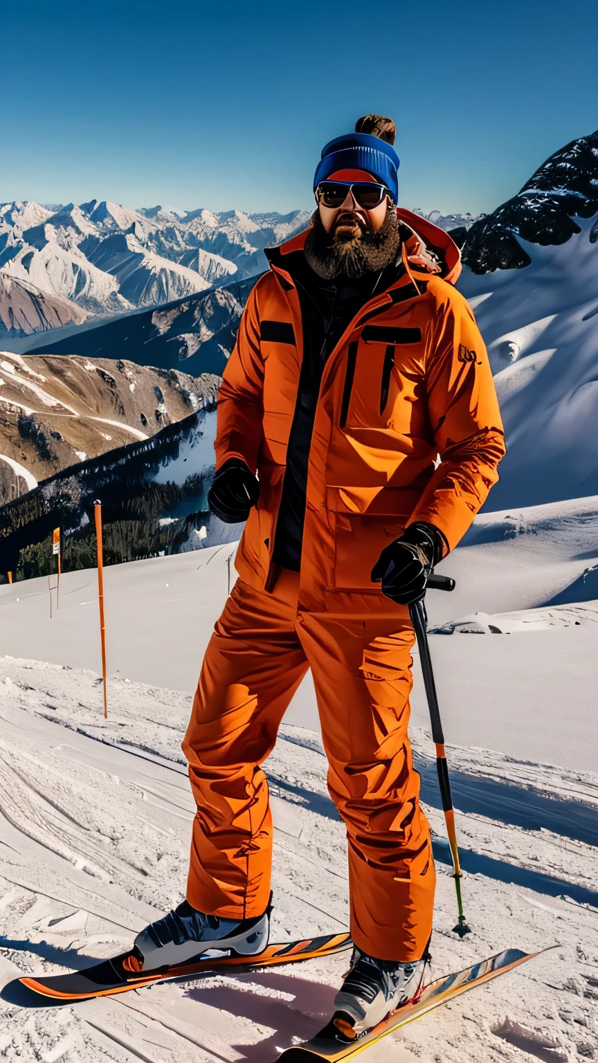 A 30 year old man with brown hair and a beard wearing an orange coat skiing in the mountains