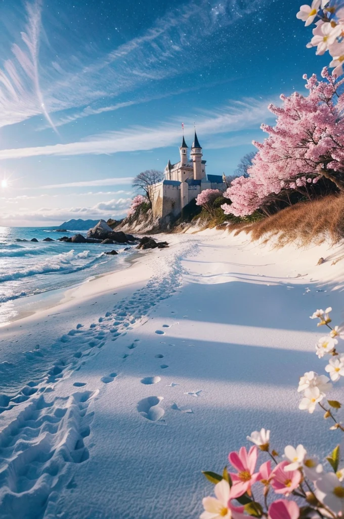 Castle, flowers, delicate scene, sky, white clouds, and sunlight shine on the snow-white beach. birds, pink flowers and bright big shells, diamond crystal, on the beach, fantasy, night sky, moon, smoke, fire, photo, HD, 8K, UHD, super detail, high quality, 1080P