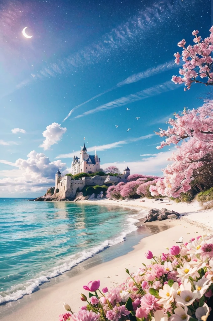 Castle, flowers, delicate scene, sky, white clouds, and sunlight shine on the snow-white beach. birds, pink flowers and bright big shells, diamond crystal, on the beach, fantasy, night sky, moon, smoke, fire, photo, HD, 8K, UHD, super detail, high quality, 1080P  