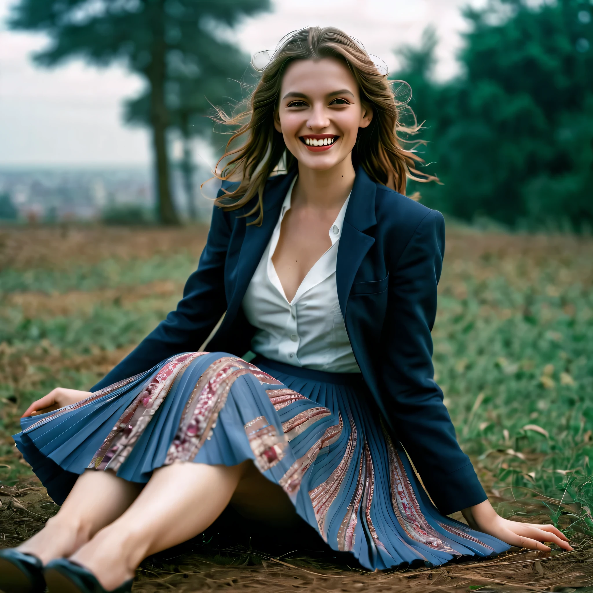 A smiling, authentic, (shy:1,3), kind, beautiful woman, is passionately in love with her skirt, sitting down on the gound while wind lifts her skirt, wearing short blazer and very very detailed (long (fully pleated) full circle skirt) and (low heeled court shoes), very very intricate hyper-detailed symmetric (attractive graceful young feminine face) with (sad, tired eyes and a loving smile), large breasts, full of empathy and compassion and love, (pronounced (feminine) features), (highly detailed ultra accurate realistic) hands and fingers, (windy), epic composition, highly detailed attributes, (35mm f1.4 Kodak portra 400 photograph), extremely high quality RAW photograph, highly detailed atmosphere, sci-fi, cinematic shot, dynamic lighting, 75mm, Technicolor, Panavision, cinemascope, sharp focus, fine details, 8k, HDR, realism, realistic, key visual, film still, superb cinematic color grading, depth of field