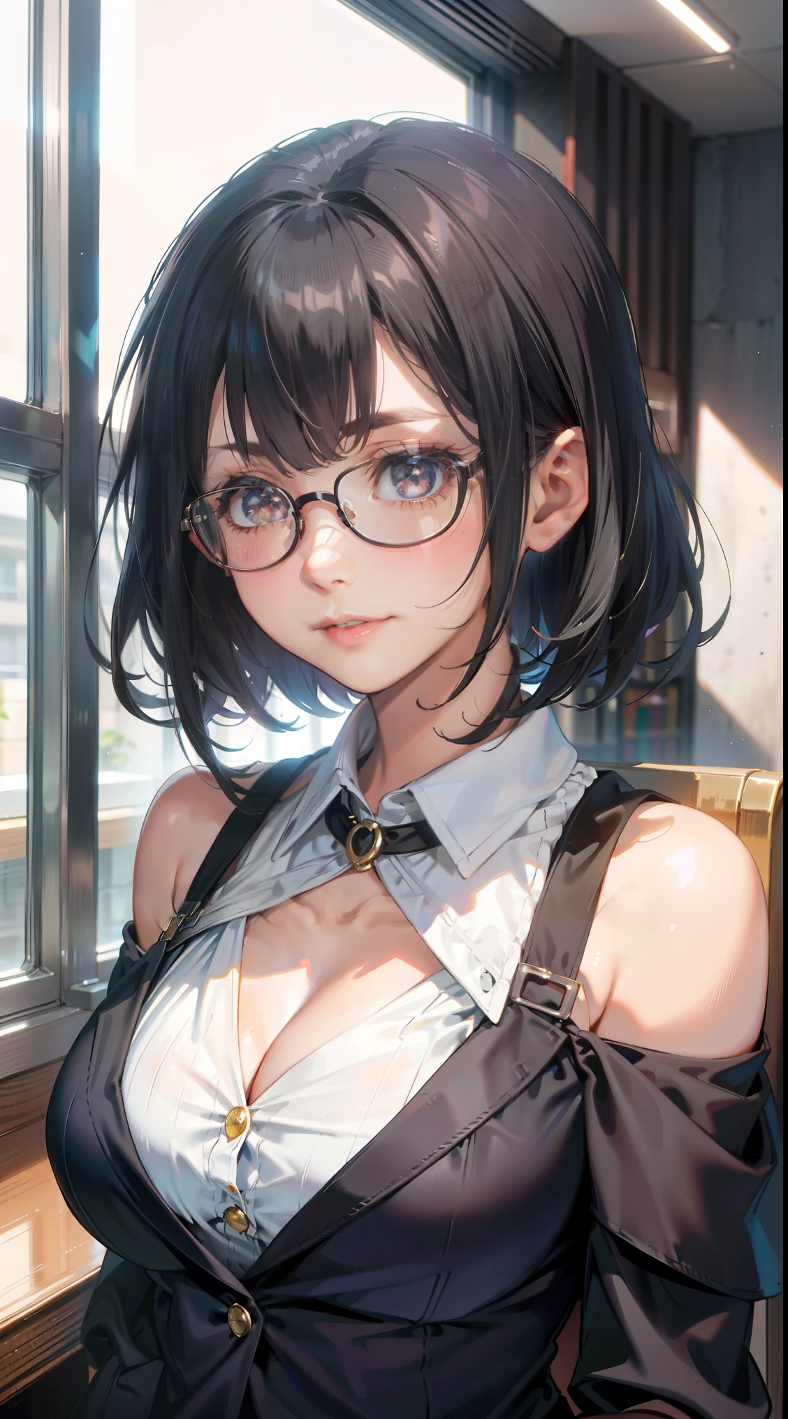 (Best Quality:1.1), (masutepiece:1.2), High quality shadows, Beautiful detailed, Beautiful face, Detailed eyes, Off-the-shoulder clothing，depth of fields, hight resolution, Best Shadow, Best Illumination, 1girll, view the viewer, （Black Hair:1.3)，short detailed hair, Blunt bangs, Very short hair, Iritating eyes, Shy, Large breasts, Miniskirt, Blouse, Blazer, pump, Office Lady, Glasses,cleavage，Look into the camera，ssmile，closeup cleavage