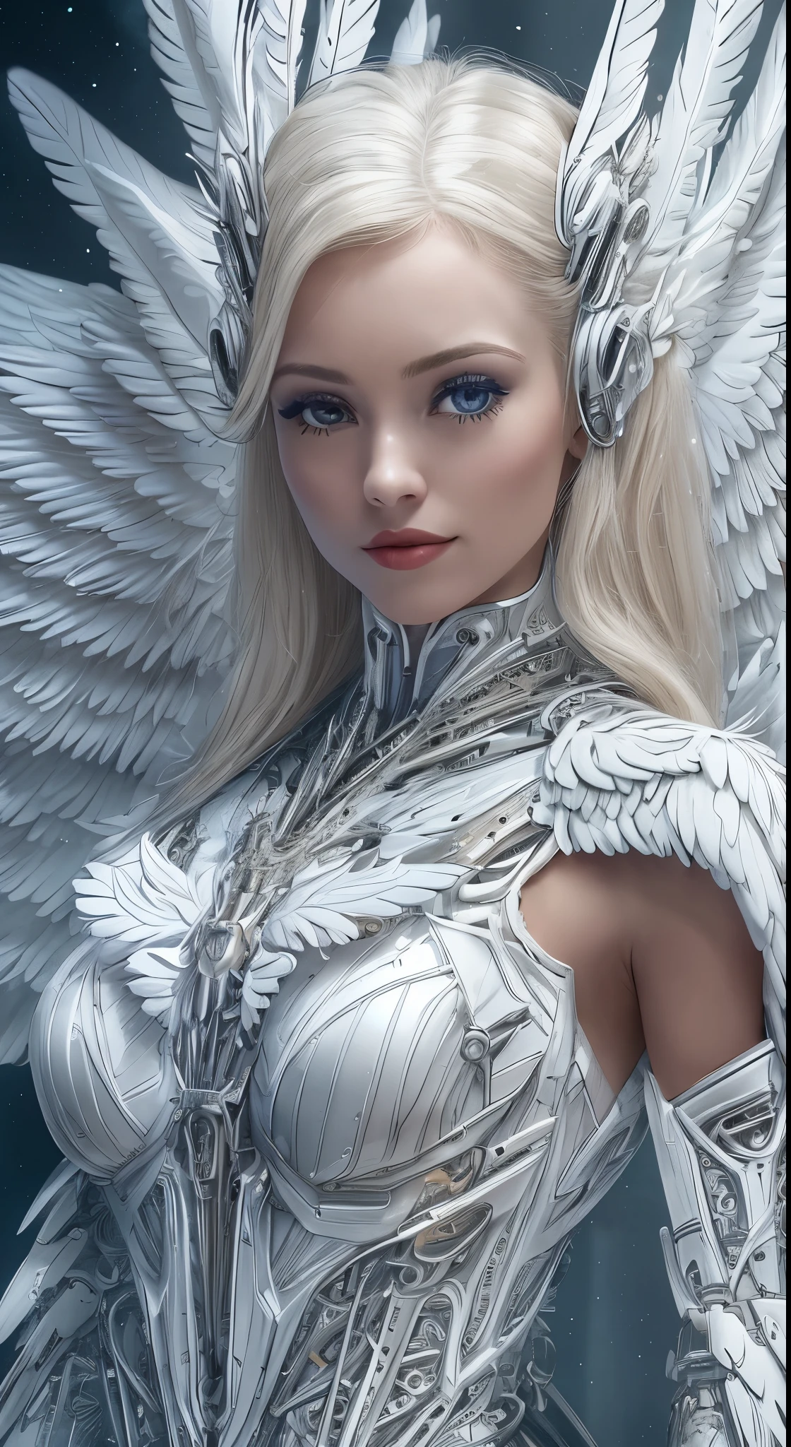 Close-up of a woman in a white dress with wings, full body angel, futuristic robot angel, amazing angel wings, angel knight gothic girl, angel in plastic armor, intricate costume designs, As a mysterious Valkyrie, The whole body is made of white feathers,, futuristic and fantastic, white wings, beautiful angel wings, steampunk angel, beautiful cyborg angel girl, graceful wings