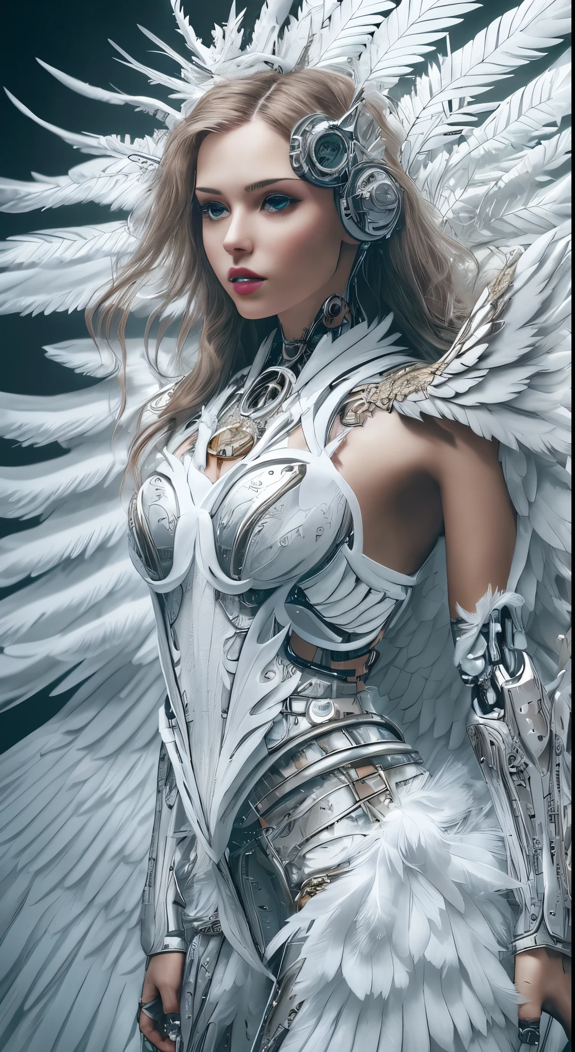 Close-up of a woman in a white dress with wings, full body angel, futuristic robot angel, amazing angel wings, angel knight gothic girl, angel in plastic armor, intricate costume designs, As a mysterious Valkyrie, The whole body is made of white feathers,, futuristic and fantastic, white wings, beautiful angel wings, steampunk angel, beautiful cyborg angel girl, graceful wings