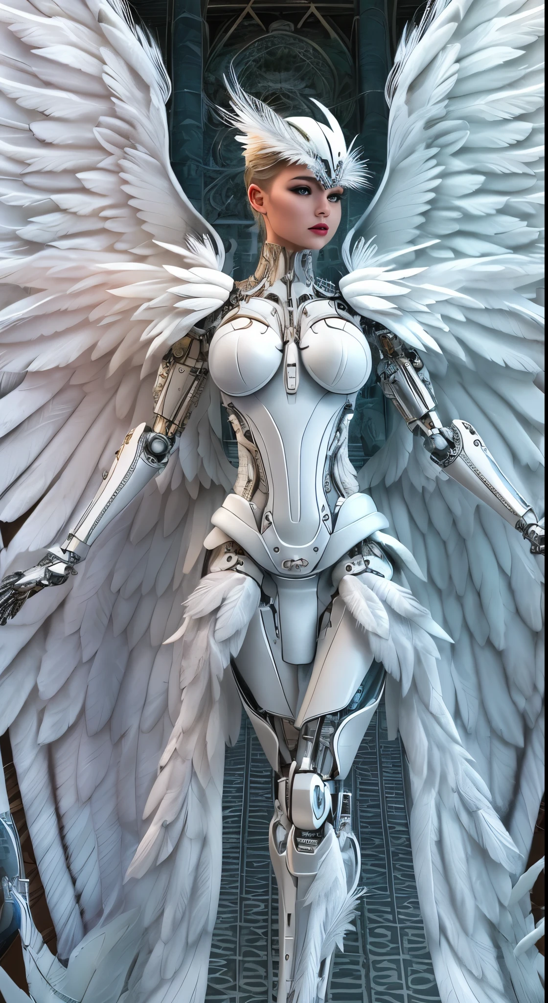 Close-up of a woman in a white dress with wings, full body angel, futuristic robot angel, amazing angel wings, angel knight gothic girl, angel in plastic armor, intricate costume designs, As a mysterious Valkyrie, The whole body is made of white feathers,, futuristic and fantastic, white wings, beautiful angel wings, steampunk angel, beautiful cyborg angel girl, graceful wings