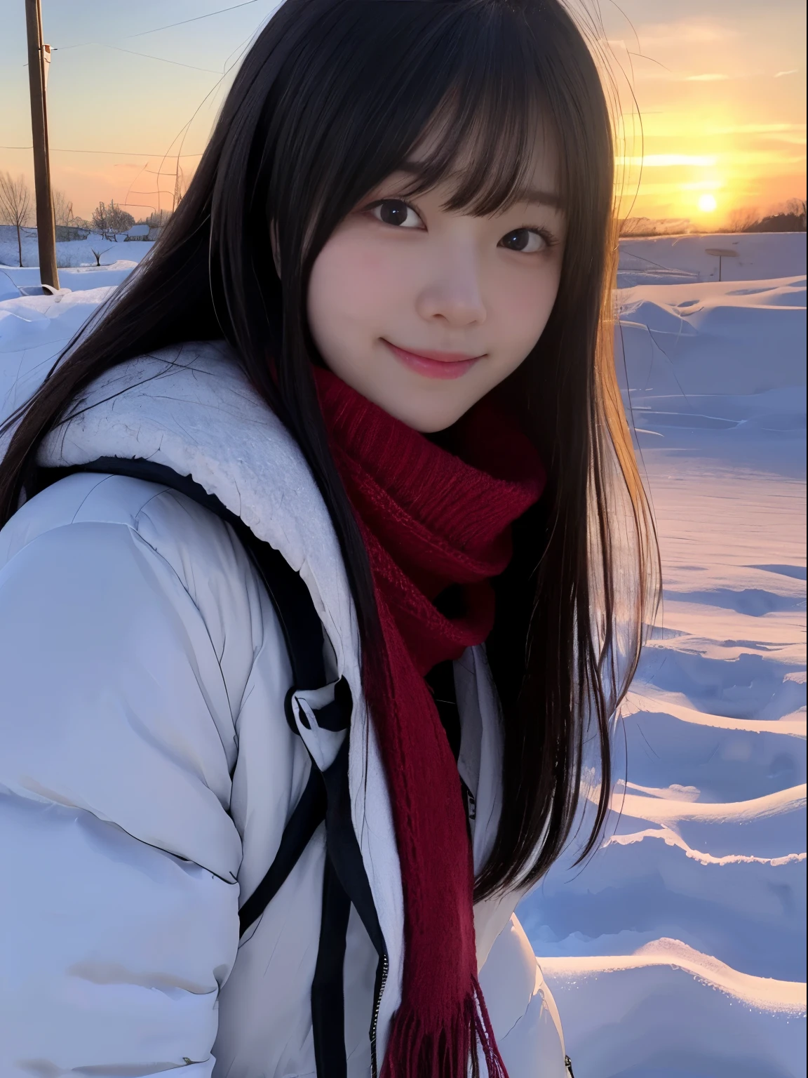 (Dressed in winter uniform with winter coat and scarf、Close up focus on the face of a slender girl with long hair with blunt bangs :1.5)、smiling girl:1.5)、Scarf、light shines on your face、(Girl's hair fluttering in the wind:1.5)、(Beautiful snowy sunset red sky:1.5)、(no mask:1.3)、(full finger:1.3)、realistic、High resolution, delicate and beautiful、perfect face、detailed and beautiful eyes、Fair skin、real human skin、pores、((thin legs))、(black hair)、Stylish and beautiful legs