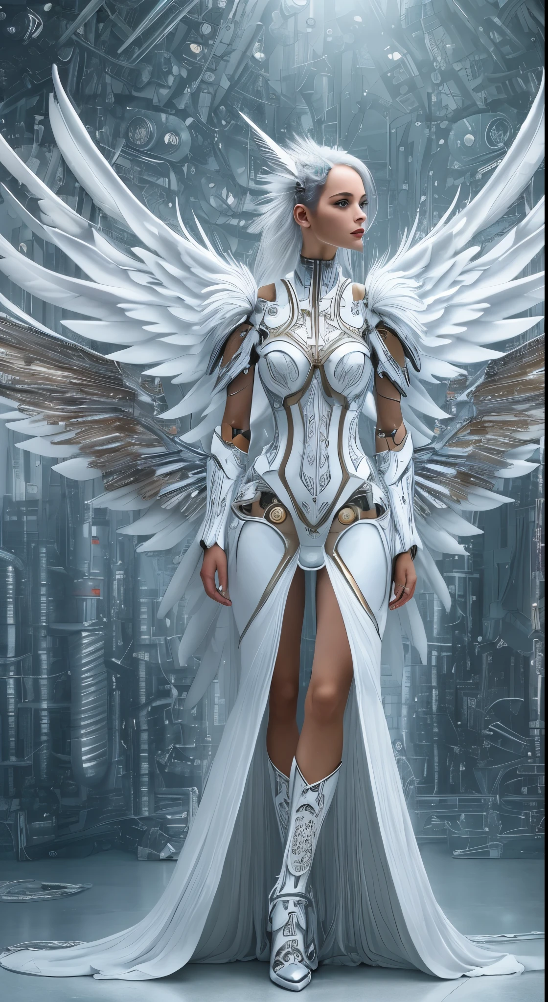 Close-up of a woman in a white dress with wings, full body angel, futuristic robot angel, amazing angel wings, angel knight gothic girl, angel in plastic armor, intricate costume designs, As a mysterious Valkyrie, The whole body is made of white feathers,, futuristic and fantastic, white wings, beautiful angel wings, steampunk angel, beautiful cyborg angel girl, graceful wings