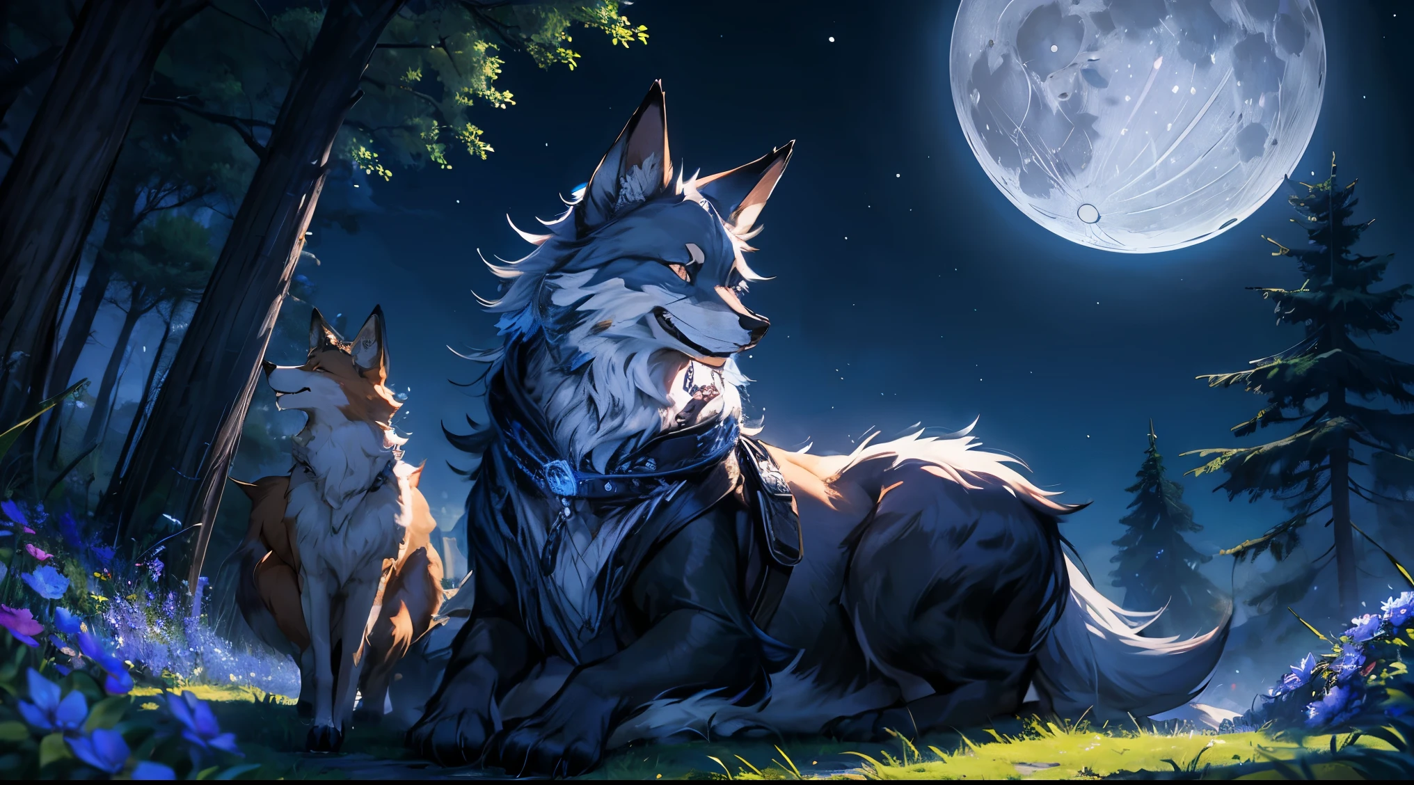 silver-furred fox with nine tails under a tree full of blue flowers with the moon behind