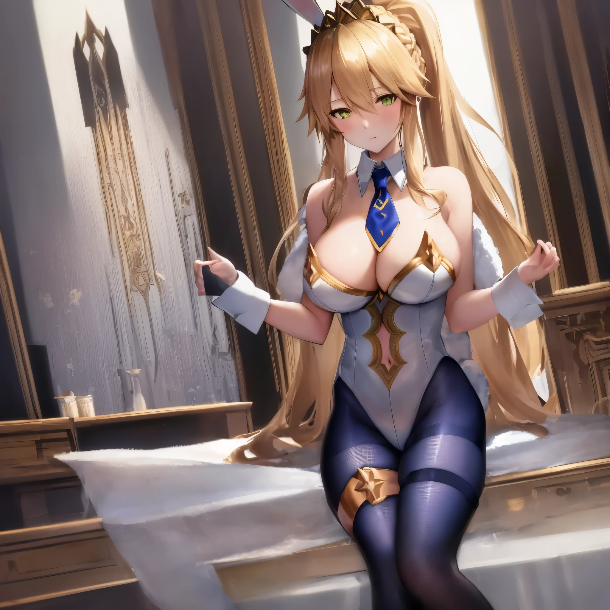 masterpiece, best quality, absurdres, soft lighting, looking at viewer, (light_smile:0.6),
1girl, ahoge, rabbit ears, playboy bunny, artoria pendragon \(swimsuit ruler\) \(fate\), large breasts , blonde hair, green eyes, french braid, pony tail
bare shoulders, large breasts , cleavage,
clothing cut out, wrist cuffs, detached collar, cutout, feather boa,
white leotard, blue necktie, blue pantyhose, single thigh strap, hands behind head,
white background,squat,(open_legs:1.3),rabbit_pose,armpits,solo,