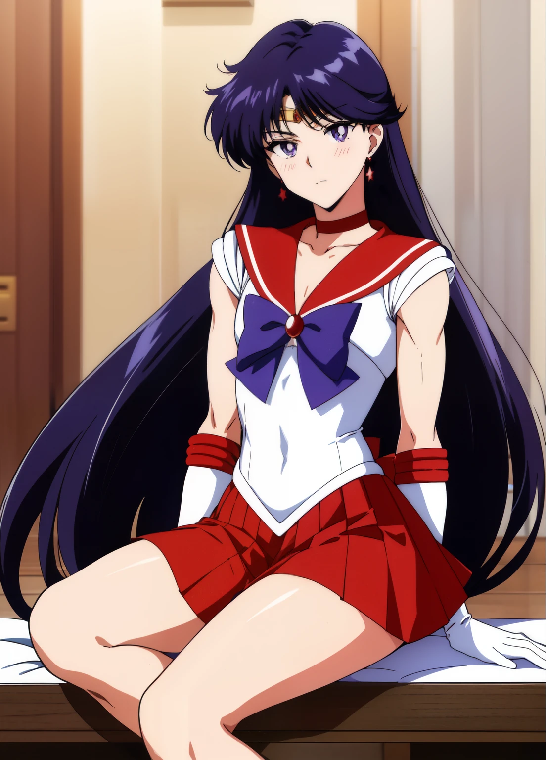 highest quality anime art、masterpiece、high definition anime art、アニメ4Kstyle、High resolution、anime boy、cool boy、Cool Junior High School Boy、Have a subtle facial expression、sailor warrior uniform、sailor mars、gender change、gender change(girl to boy)、red sailor collar、Rei Hino、Masculinization、solo、earrings、jewelry、boy with very long black hair、Masculinization、white leotard、high leg leotard、white dress、white gloves、elbow bag、a boy is sitting on a throne、muscular and strong body、red_back_bow、blue_bow_tie、indoors、castle、red choker、blue bow tie、magical boy、blush、red skirt、skirt、boy with purple eyes、bare shoulders、bare legs、circlet、bow、back_bow、mini skirt、pleated skirt、rating:questionable、Hymn to the King as a Prince、(1990s\(style\):0.9)、