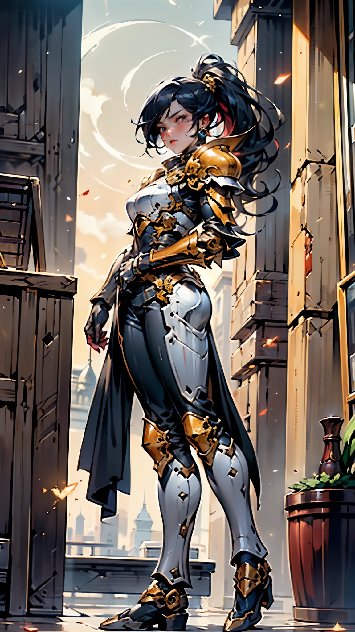 A woman adorned in fantasy-style full-body armor, a crown-concept fully enclosed helmet that unveils only her eyes, a composite layered chest plate, fully encompassing shoulder and hand guards, a lightweight waist armor, form-fitting shin guards, the overall design is heavy-duty yet flexible, ((the armor gleams with a golden glow, complemented by red and blue accents)), exhibiting a noble aura, she floats above a fantasy-surreal high-tech city, this character embodies a finely crafted fantasy-surreal style armored hero in anime style, exquisite and mature manga art style, (Queen bee mixed with Spider concept Armor, plasma, blood), ((Element, energy, elegant, goddess, femminine:1.5)), metallic, high definition, best quality, highres, ultra-detailed, ultra-fine painting, extremely delicate, professional, anatomically correct, symmetrical face, extremely detailed eyes and face, high quality eyes, creativity, RAW photo, UHD, 32k, Natural light, cinematic lighting, masterpiece-anatomy-perfect, masterpiece:1.5