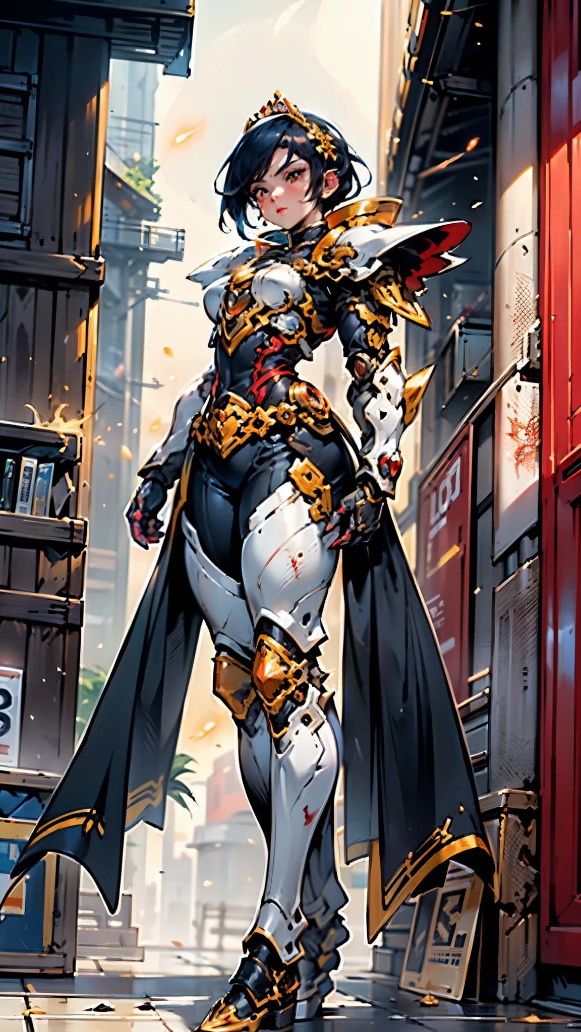 A woman adorned in fantasy-style full-body armor, a crown-concept fully enclosed helmet that unveils only her eyes, a composite layered chest plate, fully encompassing shoulder and hand guards, a lightweight waist armor, form-fitting shin guards, the overall design is heavy-duty yet flexible, ((the armor gleams with a golden glow, complemented by red and blue accents)), exhibiting a noble aura, she floats above a fantasy-surreal high-tech city, this character embodies a finely crafted fantasy-surreal style armored hero in anime style, exquisite and mature manga art style, (Queen bee mixed with Spider concept Armor, plasma, blood), ((Element, energy, elegant, goddess, femminine:1.5)), metallic, high definition, best quality, highres, ultra-detailed, ultra-fine painting, extremely delicate, professional, anatomically correct, symmetrical face, extremely detailed eyes and face, high quality eyes, creativity, RAW photo, UHD, 32k, Natural light, cinematic lighting, masterpiece-anatomy-perfect, masterpiece:1.5