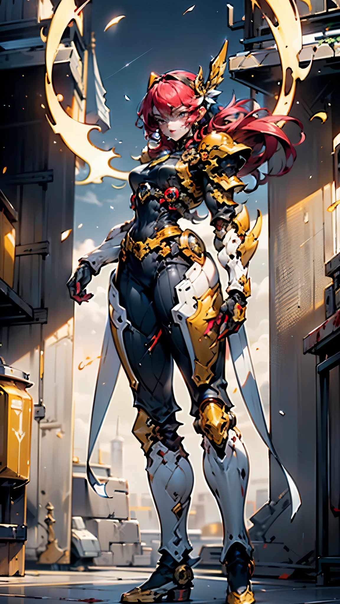 A woman adorned in fantasy-style full-body armor, a crown-concept fully enclosed helmet that unveils only her eyes, a composite layered chest plate, fully encompassing shoulder and hand guards, a lightweight waist armor, form-fitting shin guards, the overall design is heavy-duty yet flexible, ((the armor gleams with a golden glow, complemented by red and blue accents)), exhibiting a noble aura, she floats above a fantasy-surreal high-tech city, this character embodies a finely crafted fantasy-surreal style armored hero in anime style, exquisite and mature manga art style, (Queen bee mixed with Spider concept Armor, plasma, blood), ((Element, energy, elegant, goddess, femminine:1.5)), metallic, high definition, best quality, highres, ultra-detailed, ultra-fine painting, extremely delicate, professional, anatomically correct, symmetrical face, extremely detailed eyes and face, high quality eyes, creativity, RAW photo, UHD, 32k, Natural light, cinematic lighting, masterpiece-anatomy-perfect, masterpiece:1.5